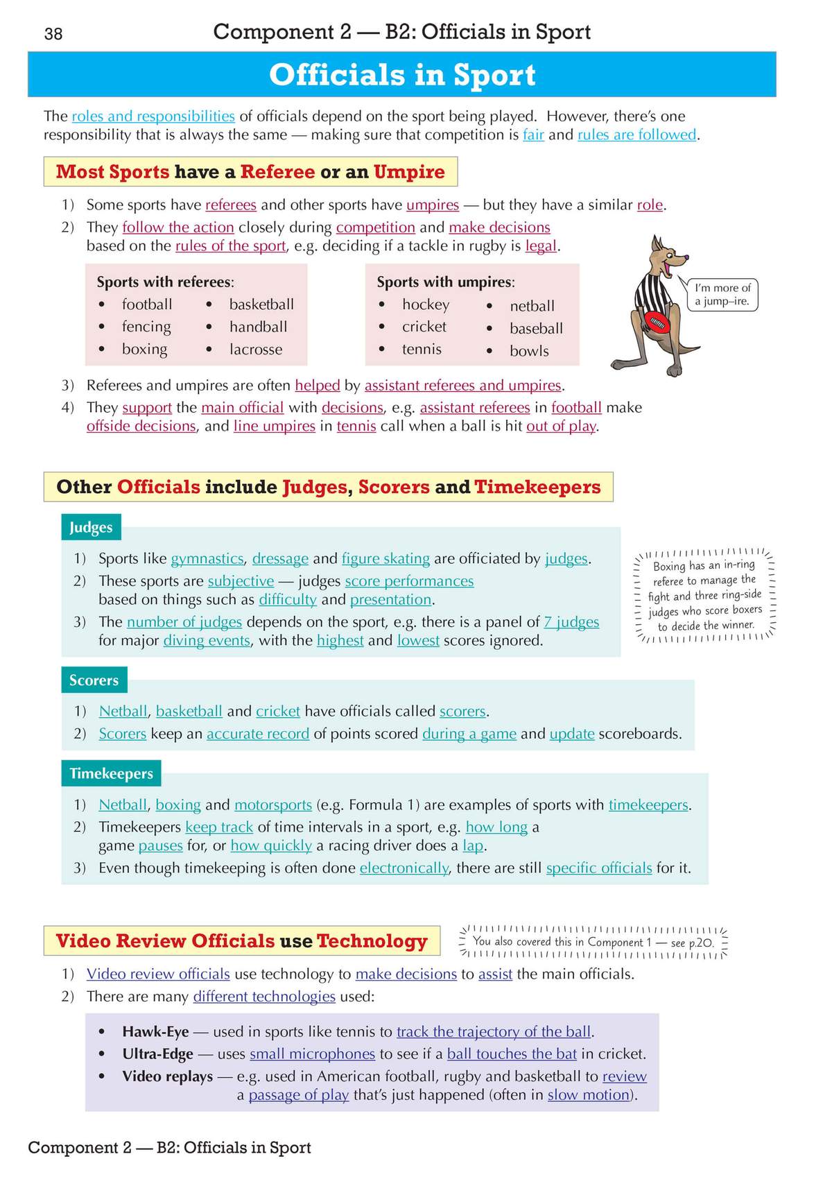Clear notes on referees, umpires and judges, with a cartoon dog to illustrate the difference between a referee and an umpire