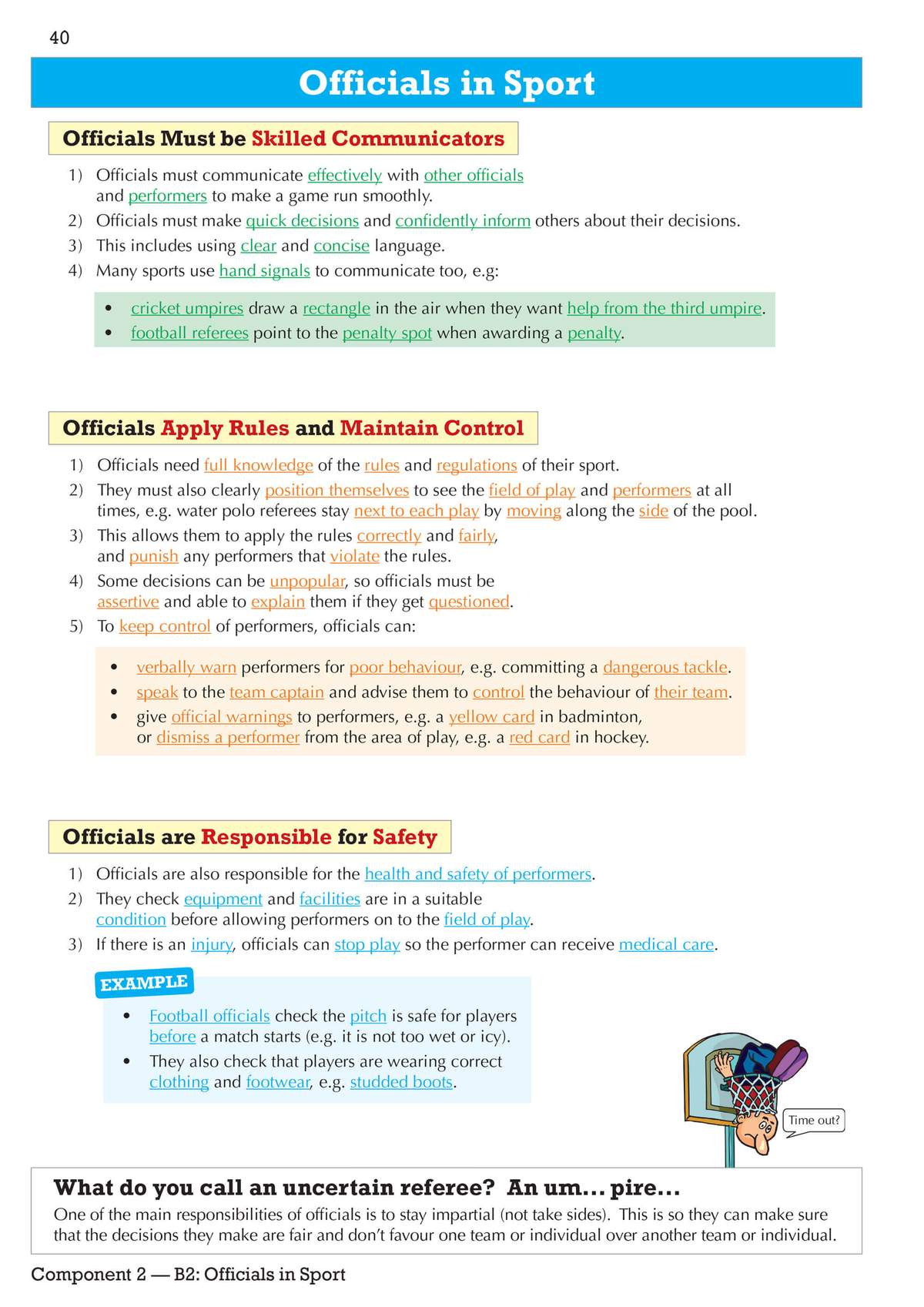 Clear notes on the duties of sports officials, including communication, rule enforcement and safety checks