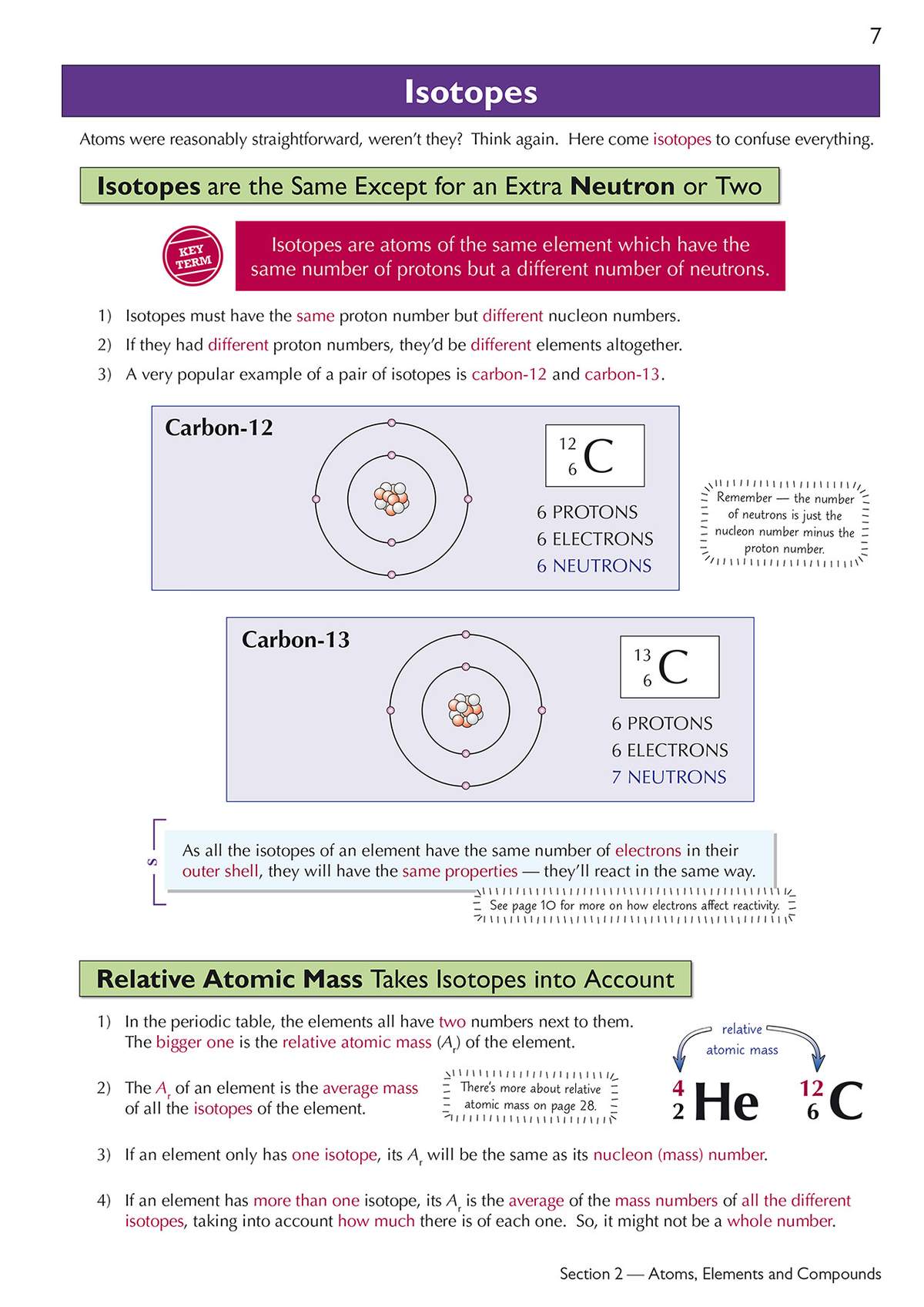 Clear notes on isotopes and relative atomic mass, with diagrams of Carbon-12 and Carbon-13 atoms to show the difference