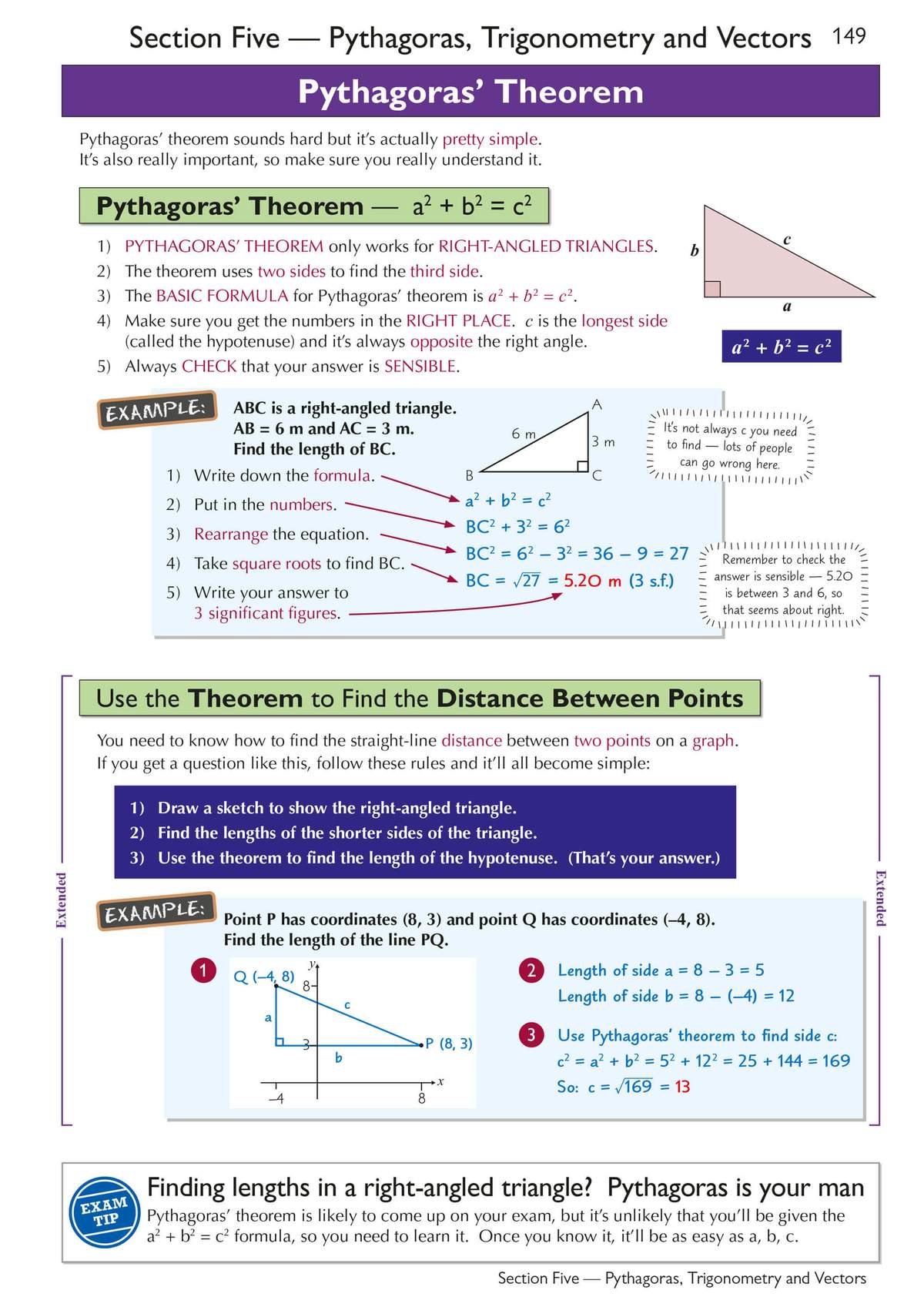 Clear worked examples show how to use Pythagoras theorem to find side lengths and distances on a graph
