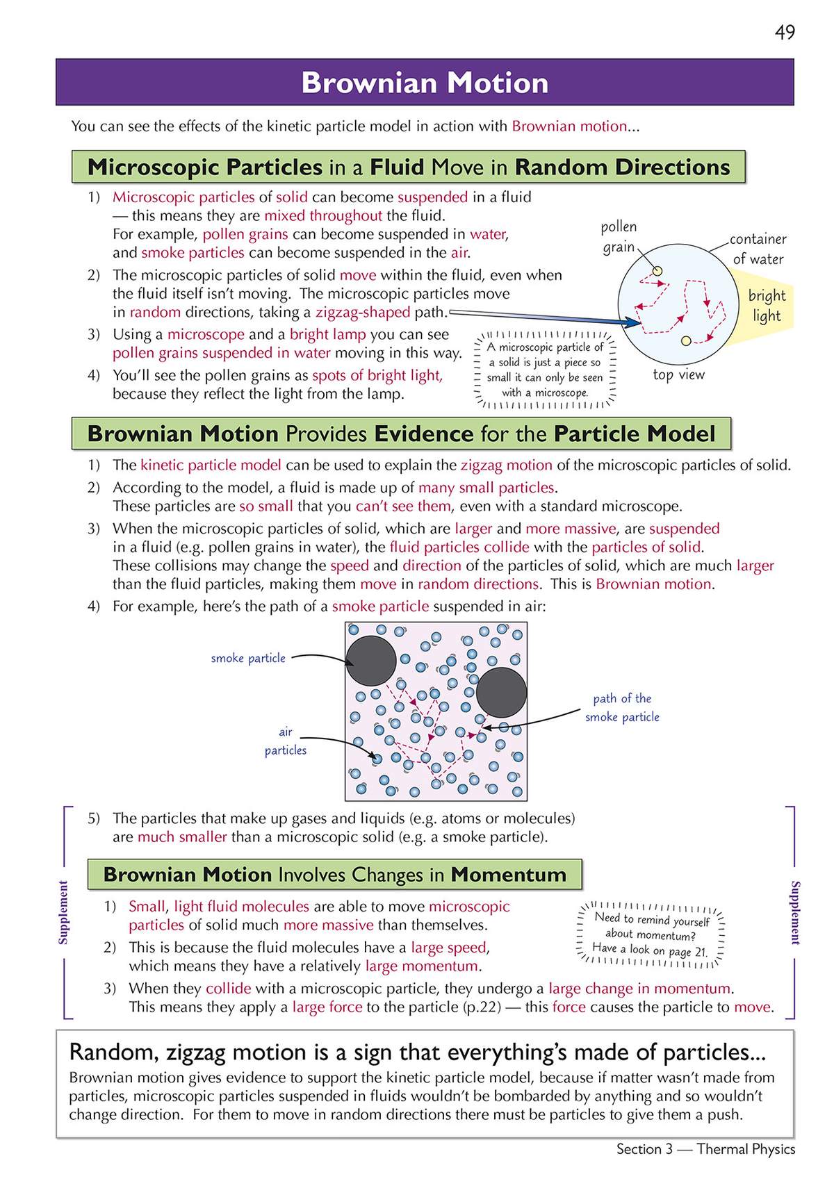 Clear notes on Brownian motion, with diagrams showing particle paths and a summary box to reinforce the link between random