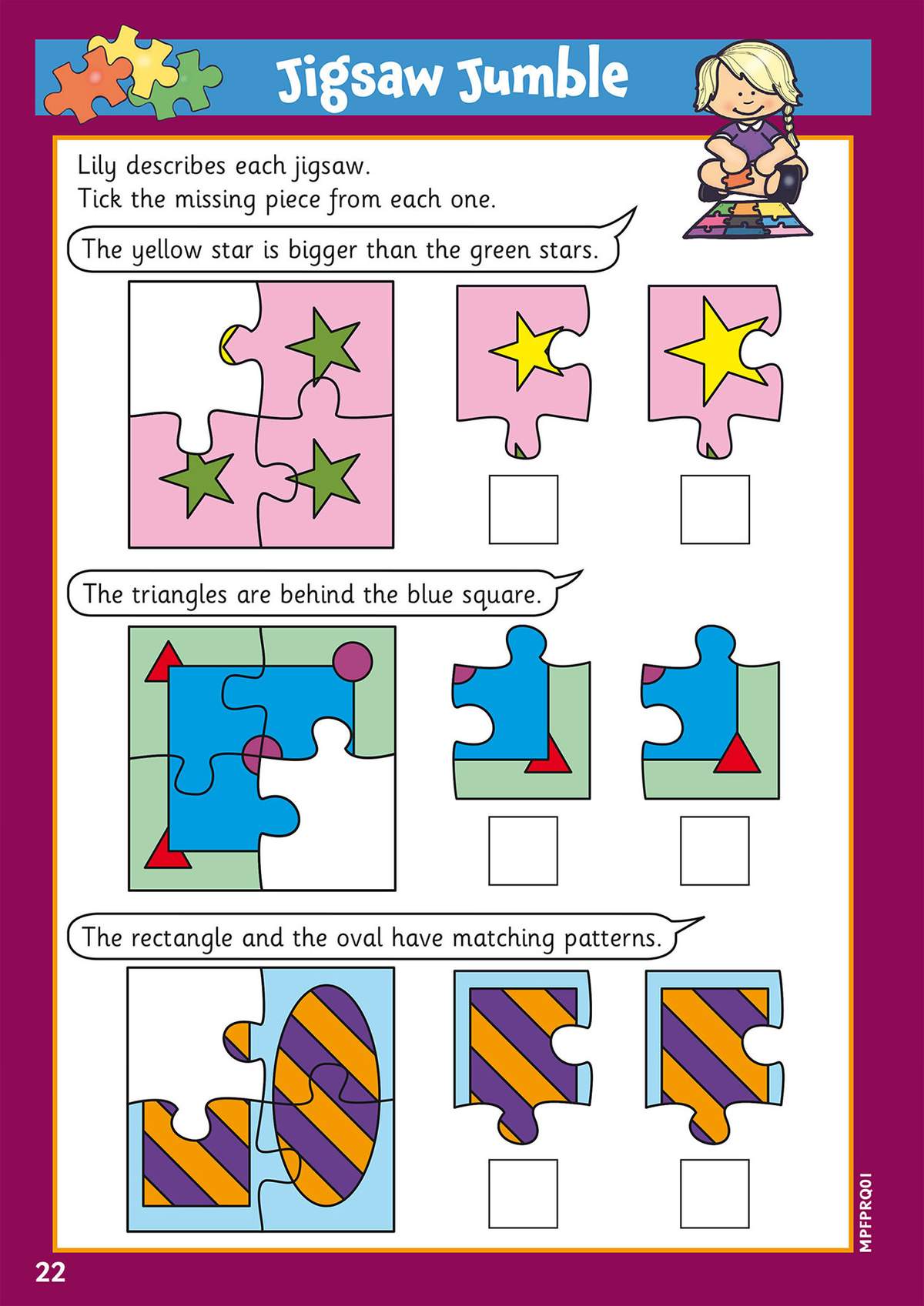 Children tick the correct missing jigsaw piece for three puzzles based on shape and pattern clues