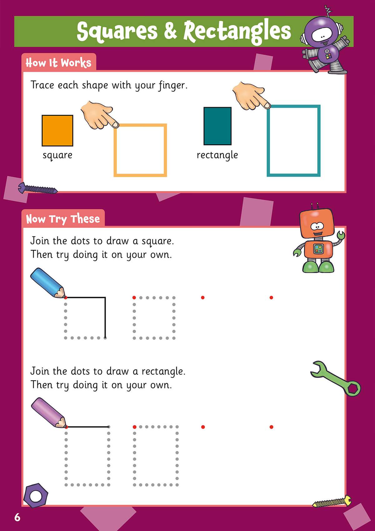Children trace shapes with their fingers, then join dots to draw squares and rectangles, building early geometry skills
