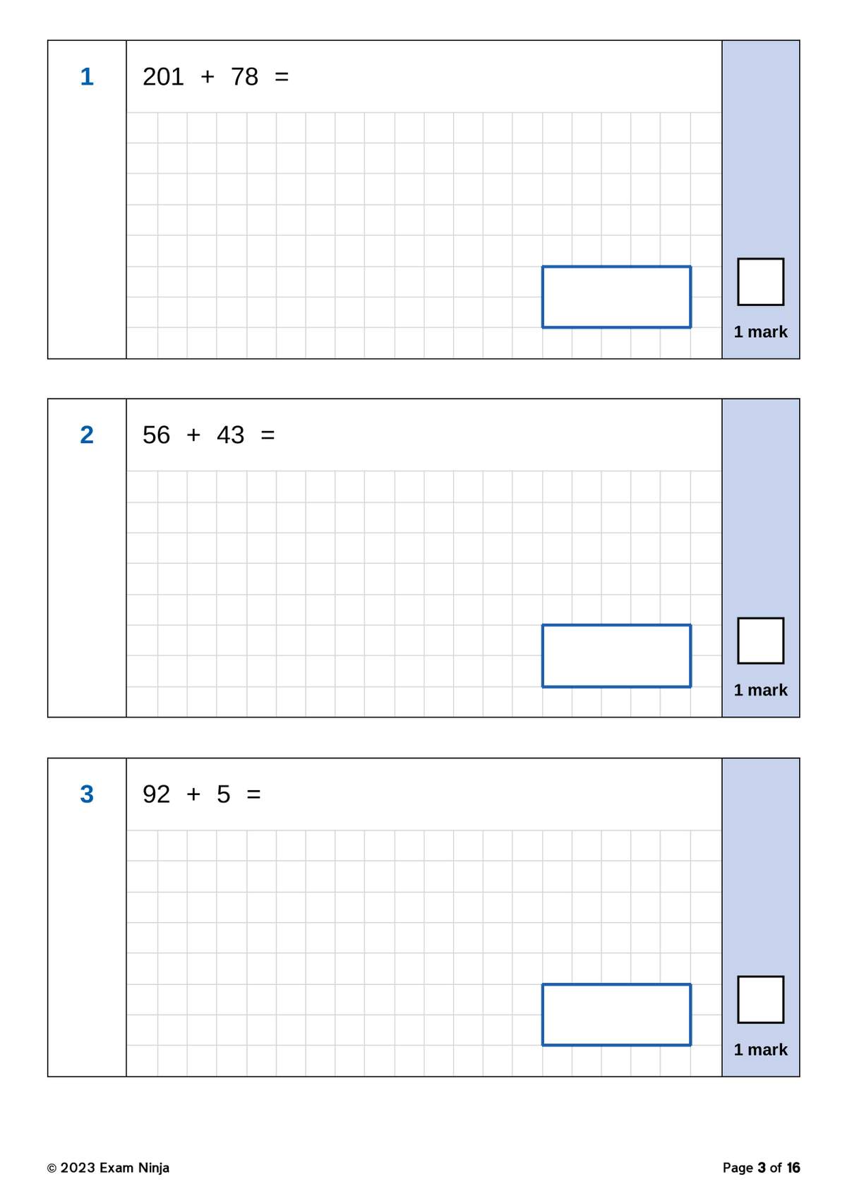 Three addition sums for Year 3 pupils, each with a grid for working out and a box for the final answer