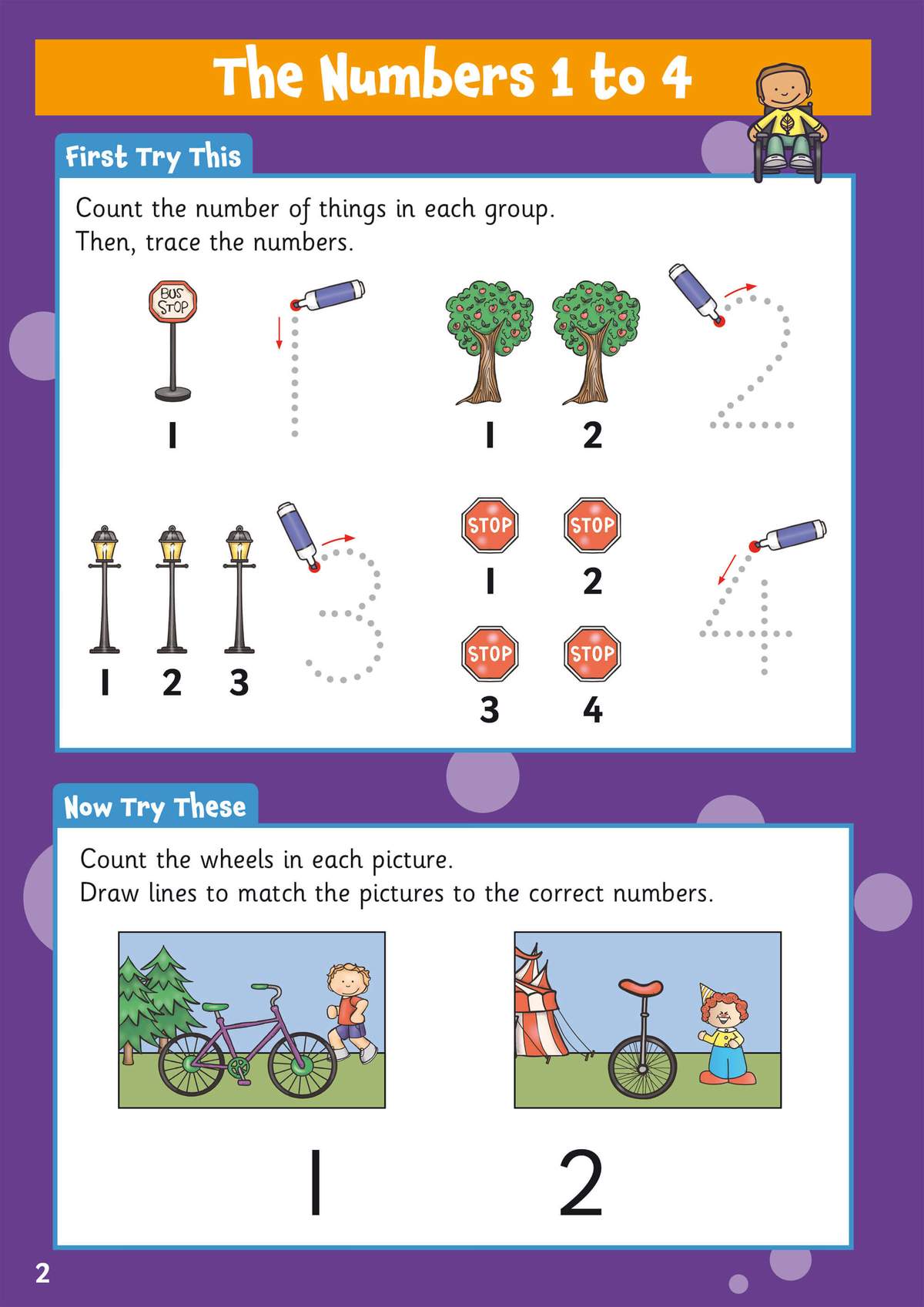 Children count groups of objects, trace numbers 1 to 4, and match pictures to numbers