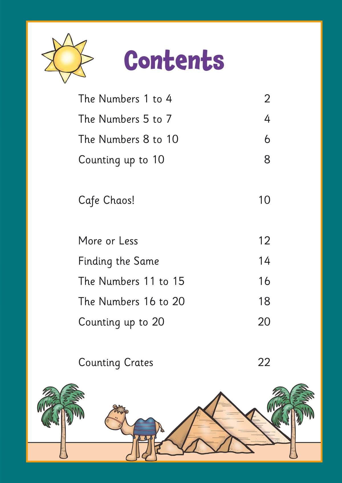 A table of contents listing early counting topics and number ranges, with page numbers and a desert theme