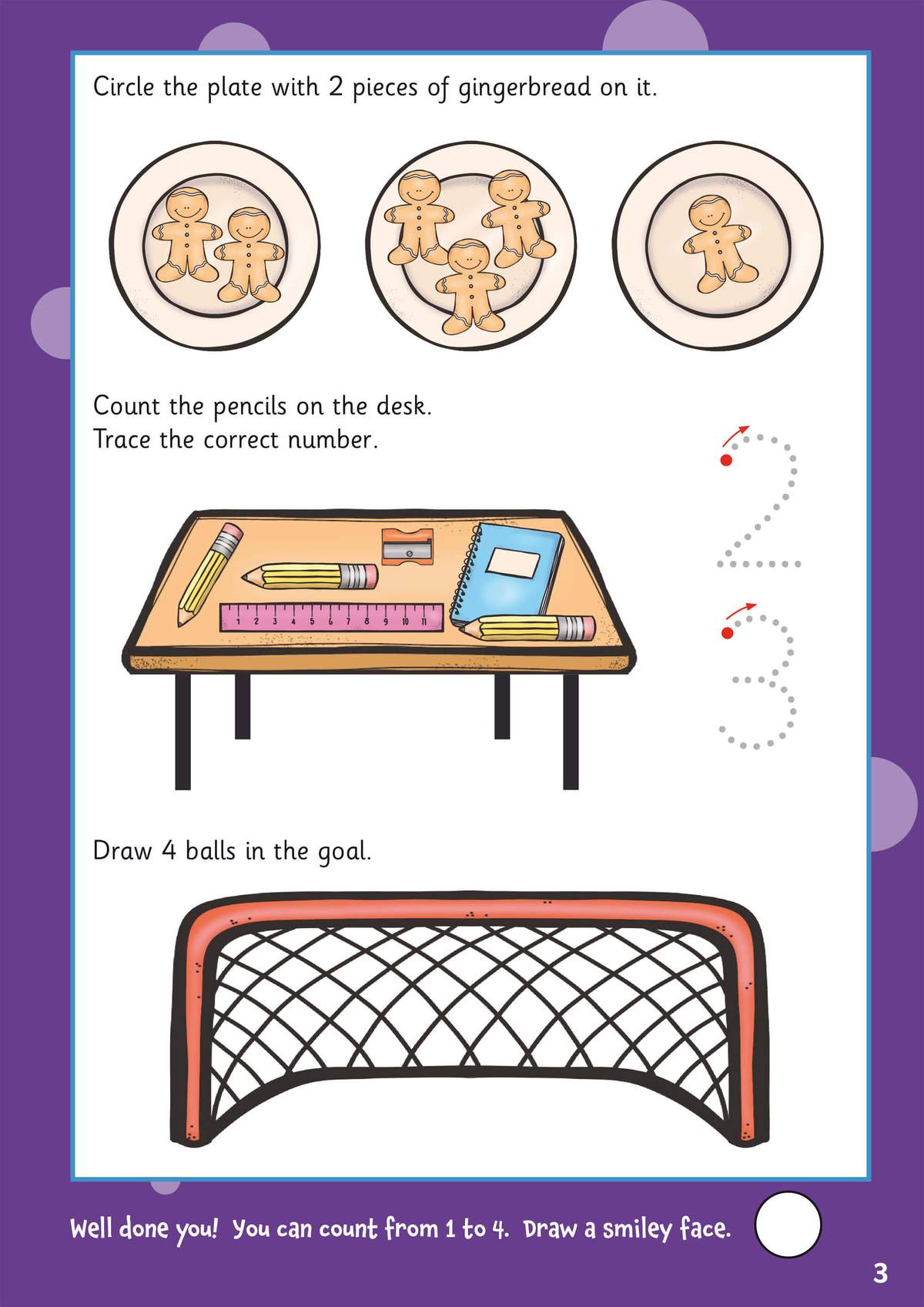 Children circle plates with two gingerbread men, count pencils on a desk, trace numbers, and draw four balls in a goal