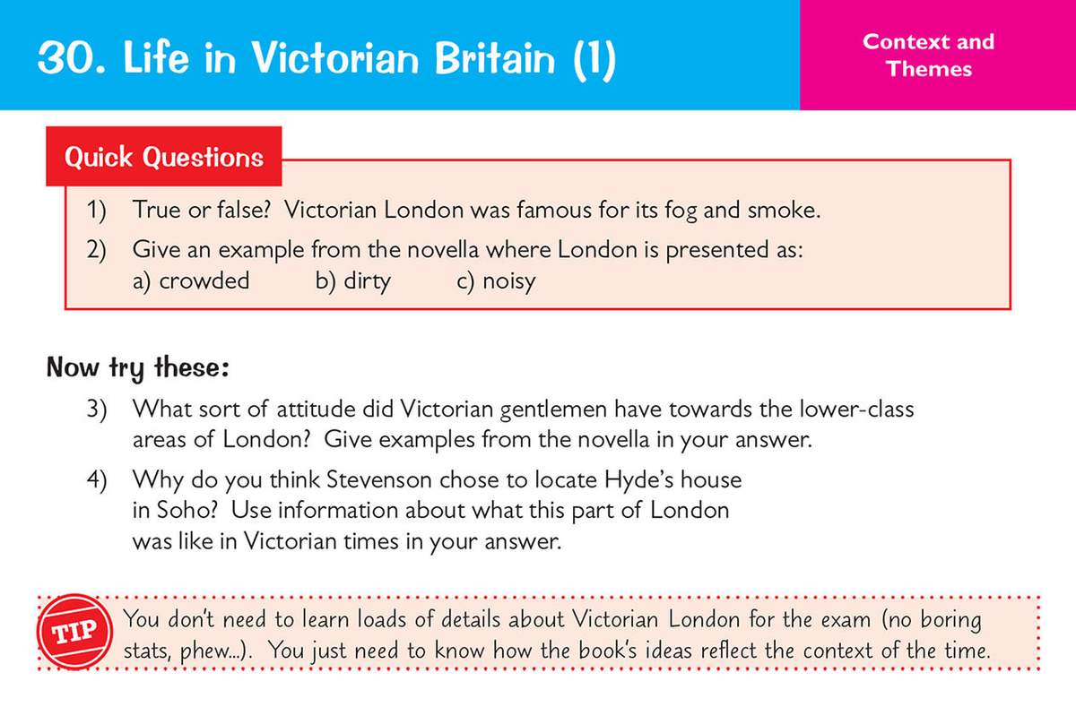 Students answer true/false and short questions about Victorian London to build context for Dr Jekyll & Mr Hyde