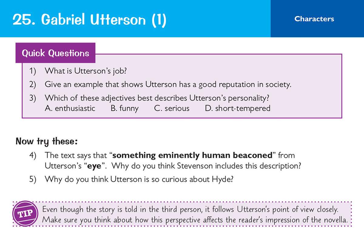 Students answer five questions about Gabriel Utterson's character and Stevenson's writing choices