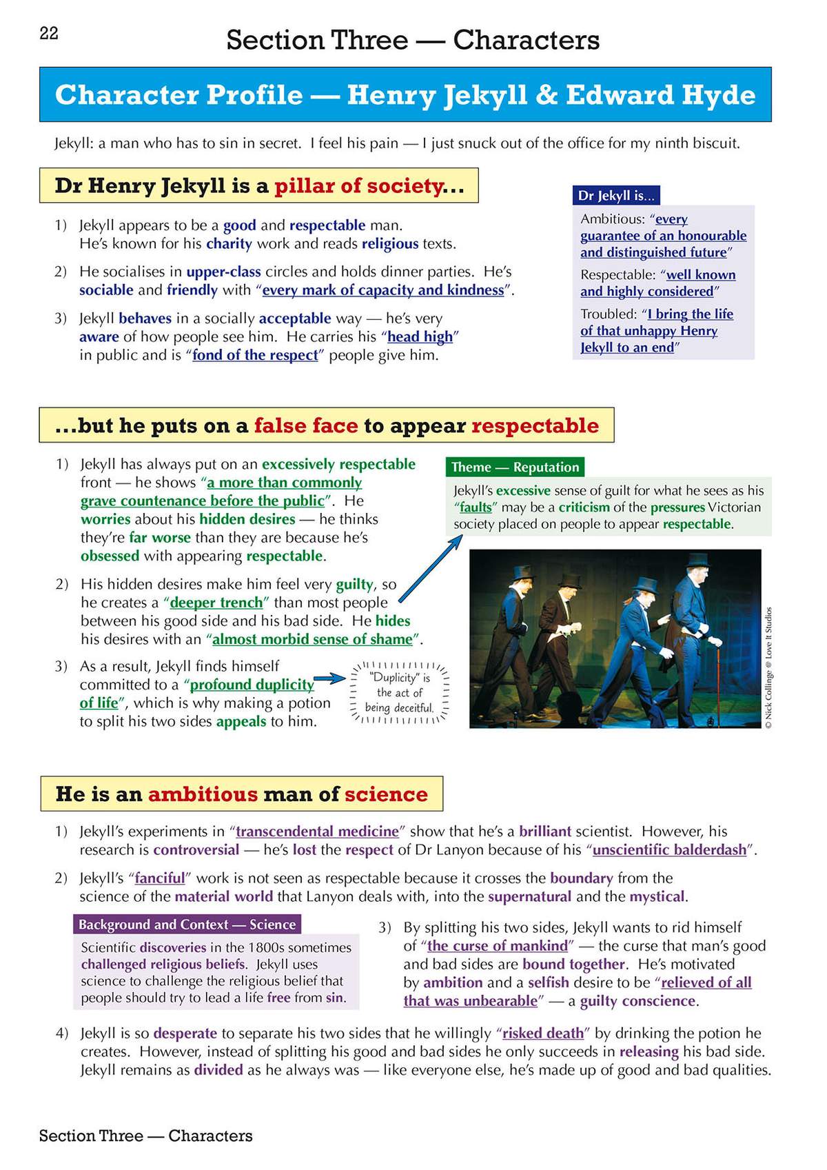 Detailed notes on Dr Jekyll's respectable public persona versus his hidden desires, supported by a stage photo