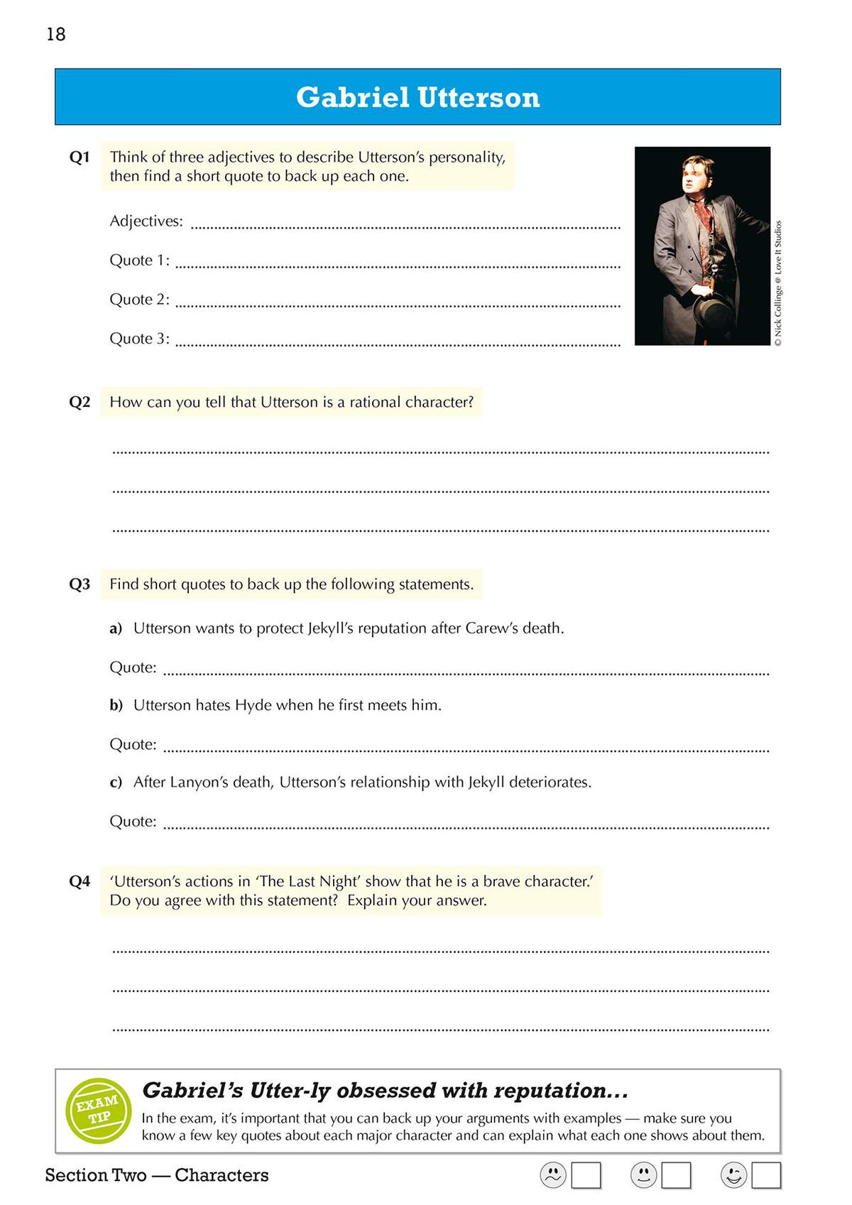 Four questions on Gabriel Utterson's character, requiring adjectives, quotes, and explanations to support GCSE analysis