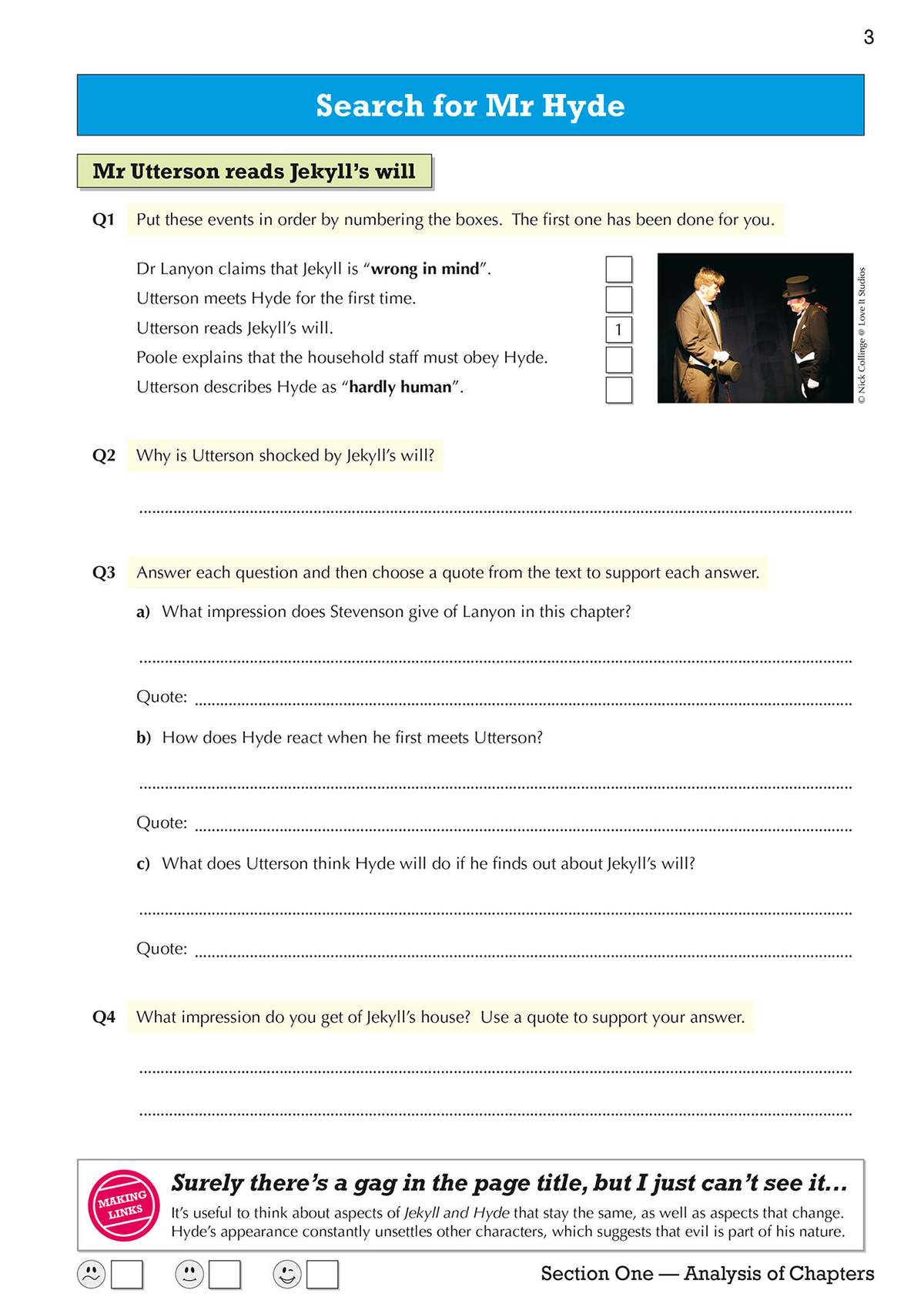 Students order plot events and answer comprehension questions about Utterson and Hyde, using quotes to support their answers