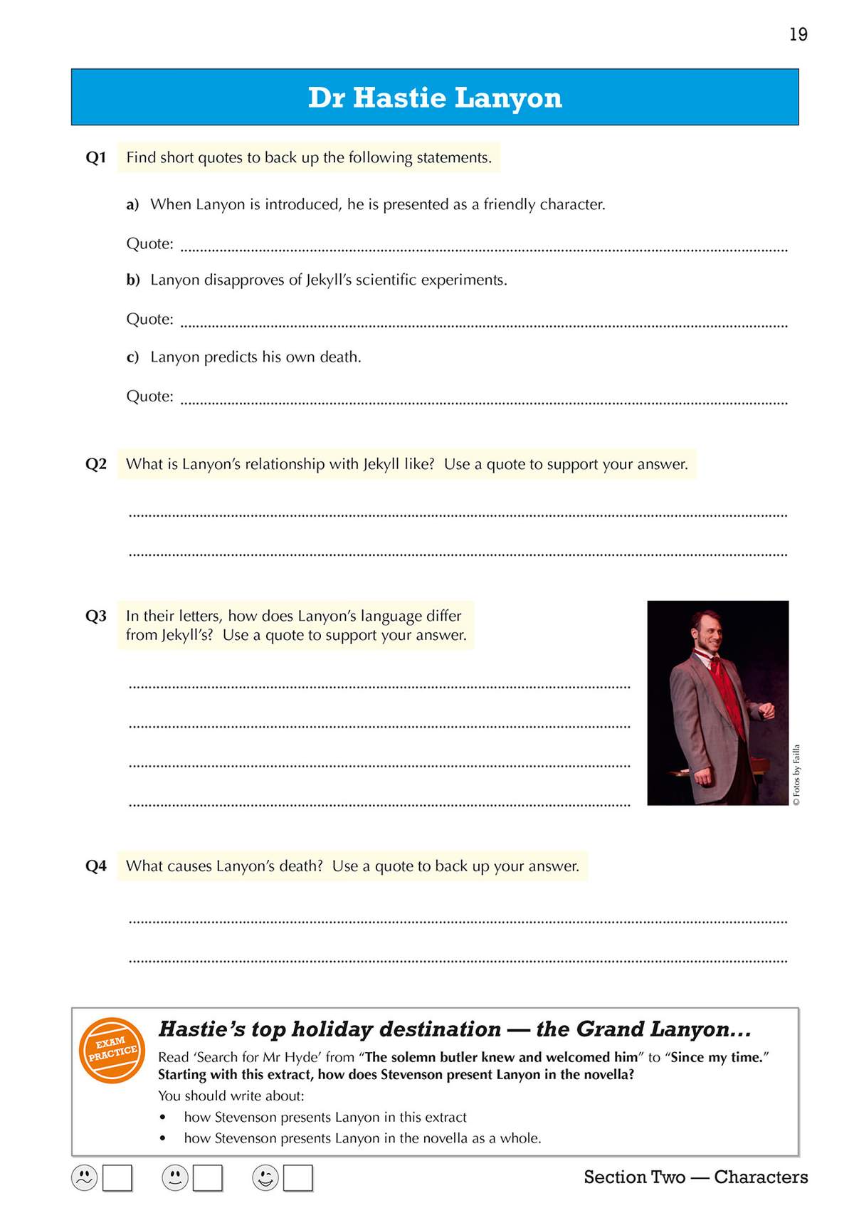Four questions on Dr Lanyon require students to find quotes and write short answers to analyse his character and role