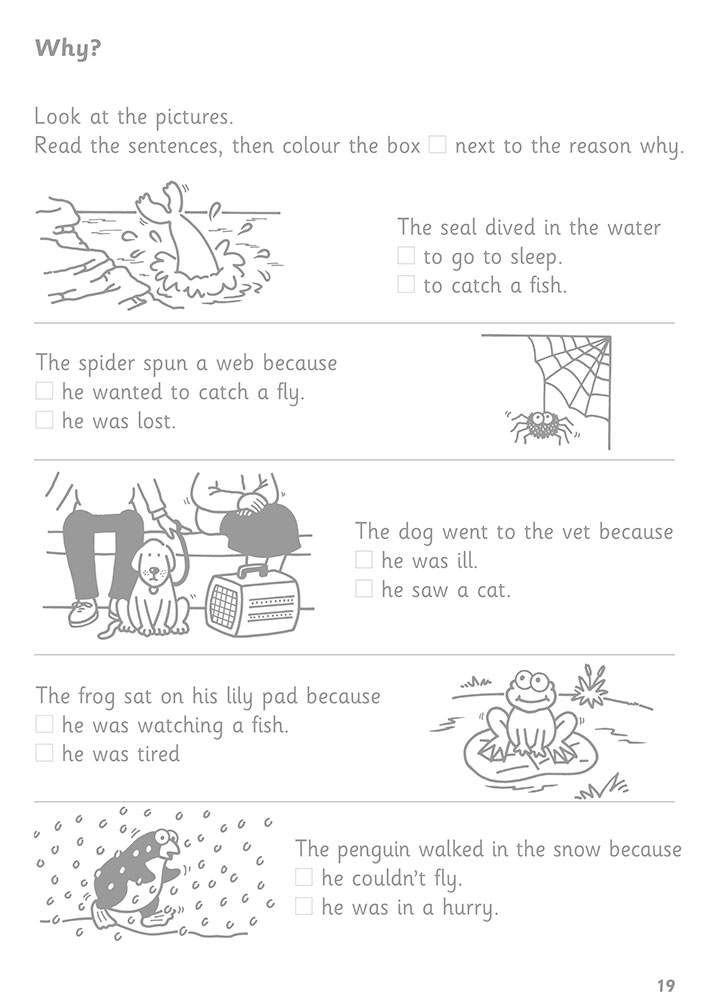 Children read short sentences about animals and tick the correct reason why they acted that way