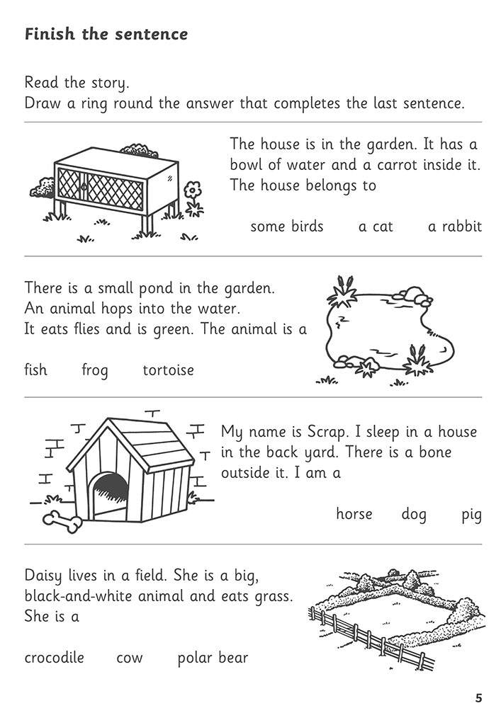 Four short animal stories with pictures, where children circle the correct answer to complete each sentence