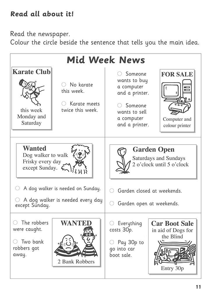 Children read six short newspaper snippets and circle the sentence that states the main idea of each one