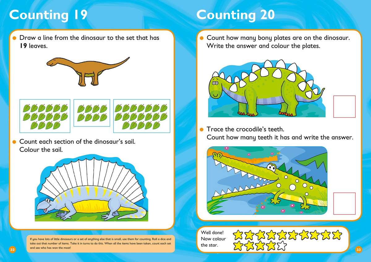 Children draw lines to match sets, count dinosaur plates and crocodile teeth, then colour and write the answers