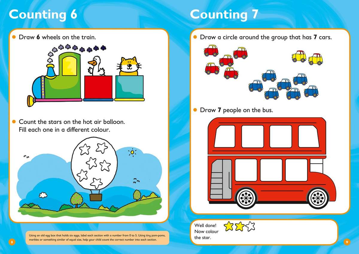 Children draw wheels and people, circle groups of cars, and colour stars to practise counting 6 and 7