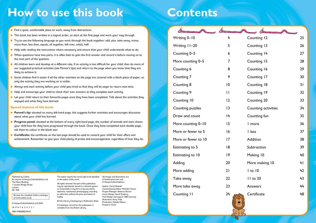 A contents page listing counting and arithmetic topics with page numbers, plus a guide on how to use the book