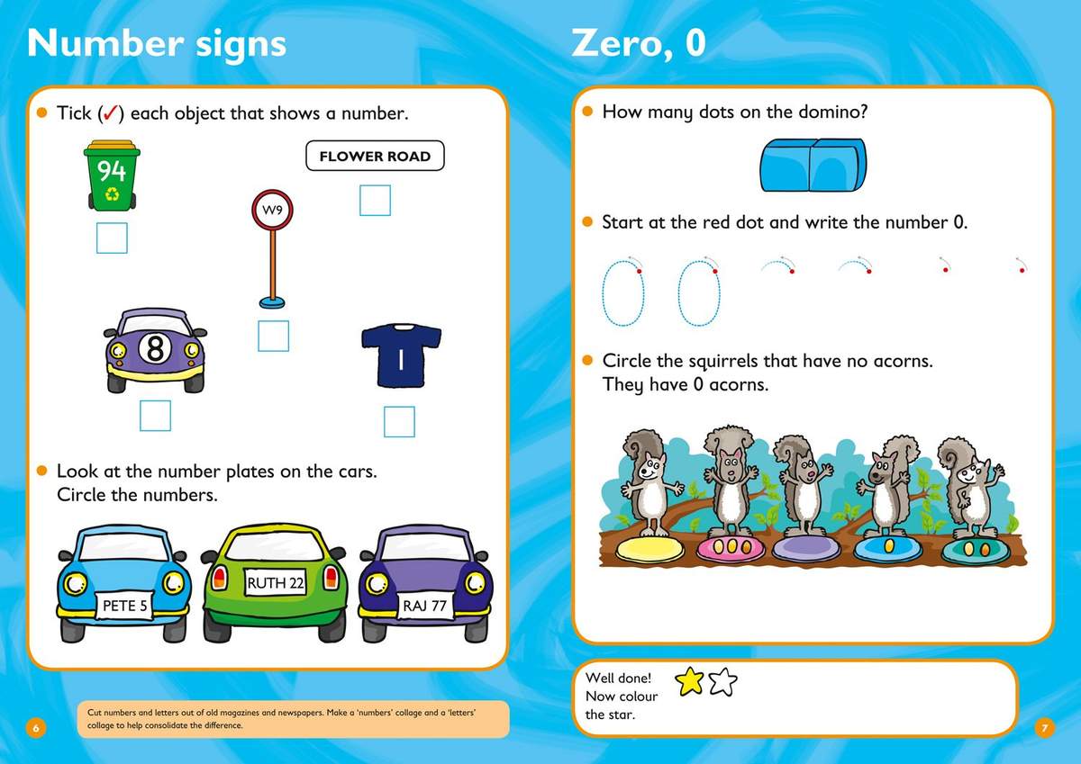 Children tick objects with numbers, circle numbers on car plates, trace the number zero, and colour squirrels with no acorns