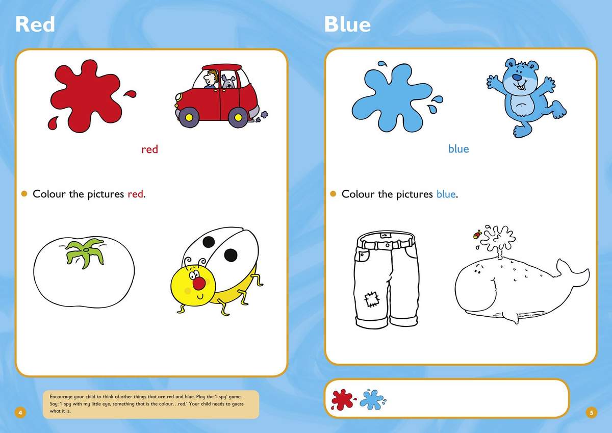 Children colour a tomato, ladybird, car, bear, trousers and whale to match the words red and blue