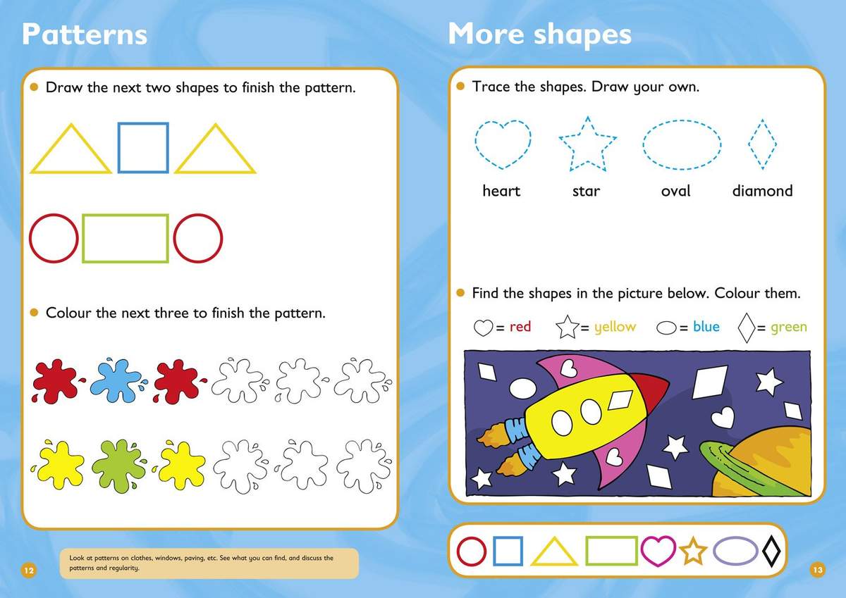 Children draw and colour shapes to complete patterns, trace shapes, and colour a space scene to find specific shapes