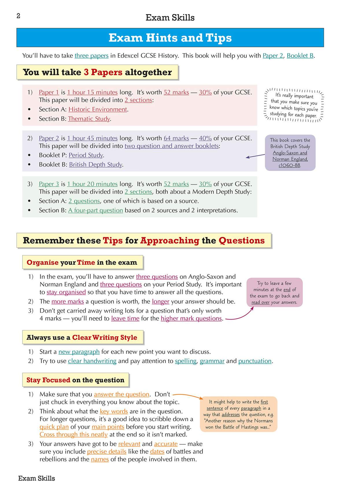 A page of exam advice for Edexcel GCSE History, explaining paper lengths, mark allocations, and tips for writing answers