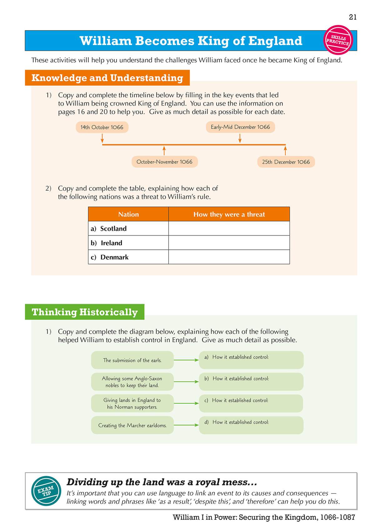 Students complete a timeline and table about William's threats, then explain how he established control using a diagram