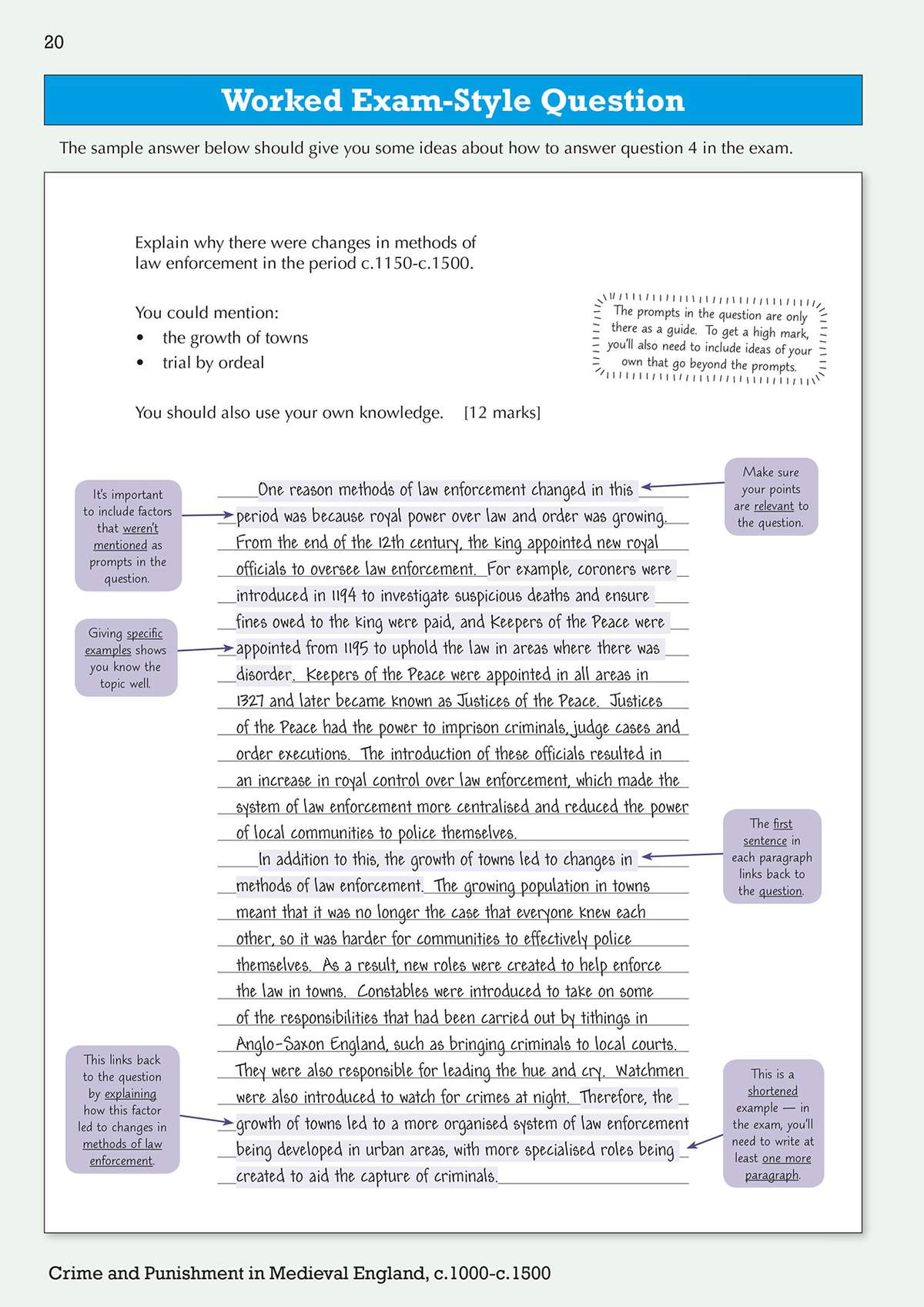 A model answer explains changes in medieval law enforcement, with annotations showing how to link points to the question