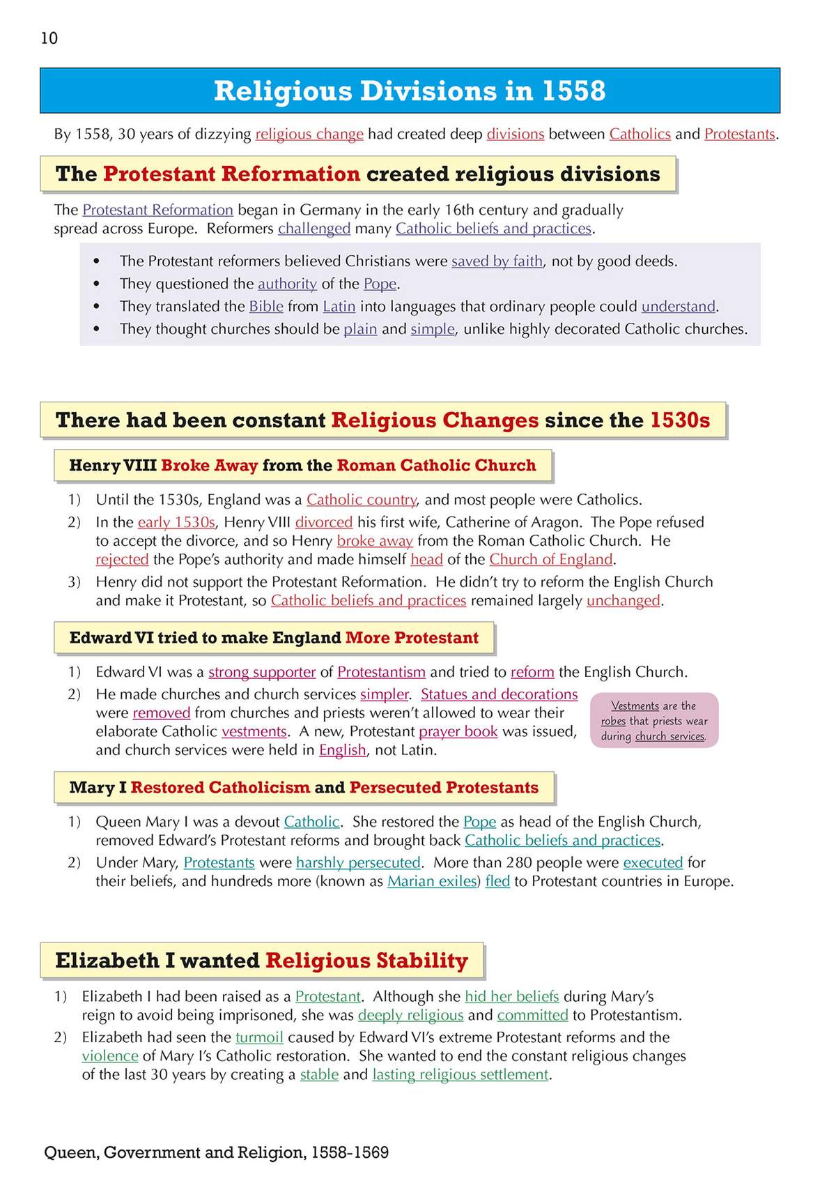 A detailed revision page explaining the Protestant Reformation and the religious shifts under Henry VIII, Edward VI, Mary I