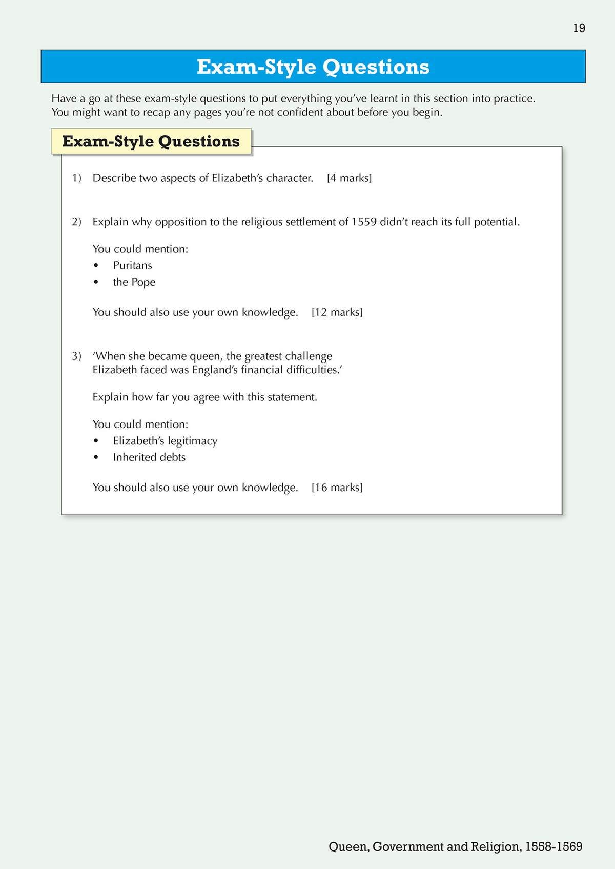 Three exam-style questions on Elizabethan England, including character analysis and essay writing on religious and financial
