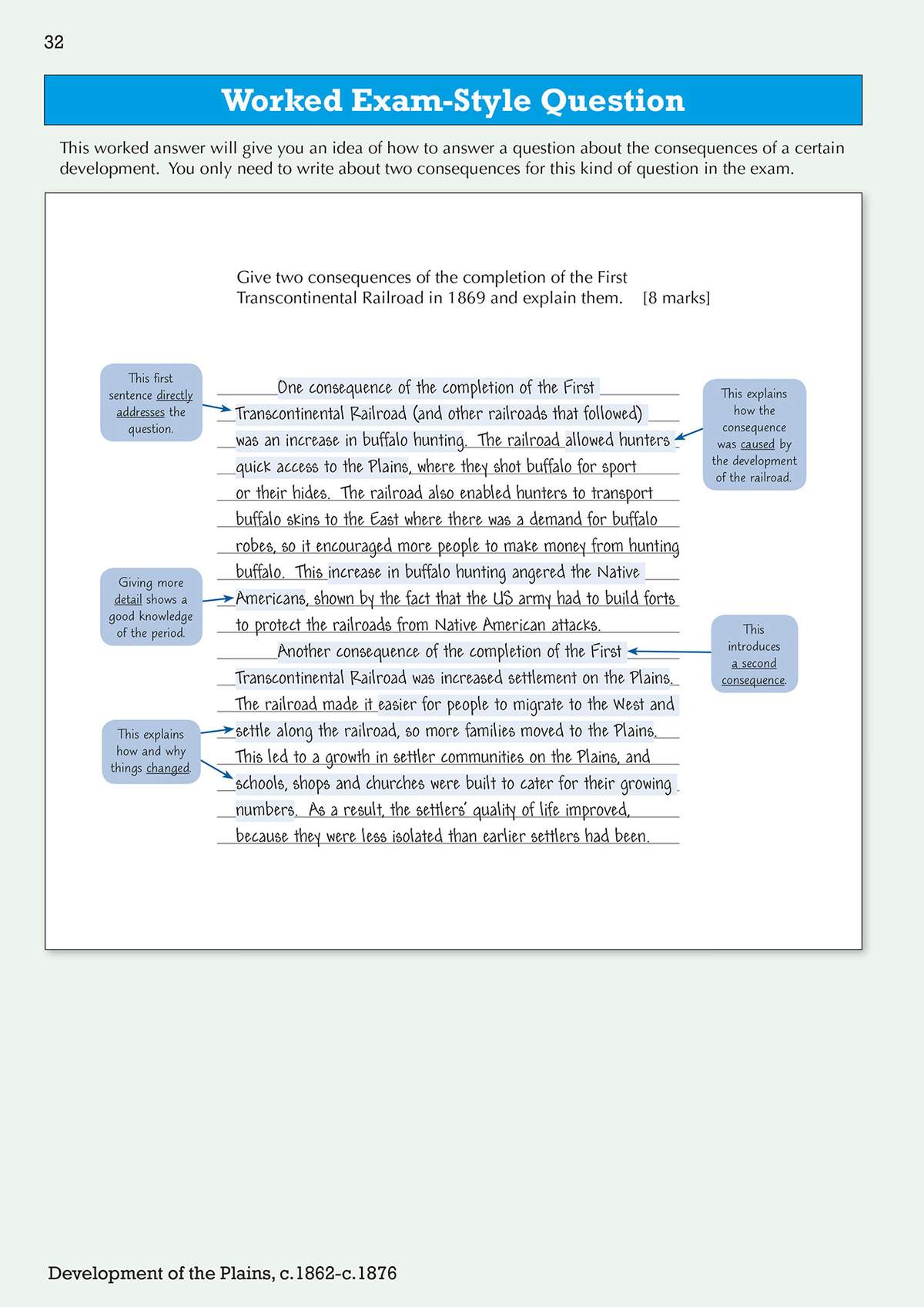 A worked example shows how to answer a two-mark question about the First Transcontinental Railroad