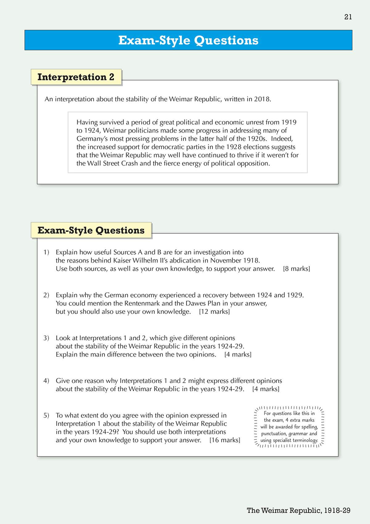 Five exam-style questions on the Weimar Republic, including source analysis and interpretation comparison