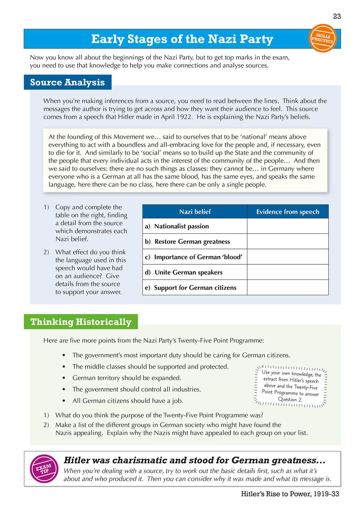 A page teaching source analysis and historical thinking, with tasks to complete a table and answer questions about Nazi