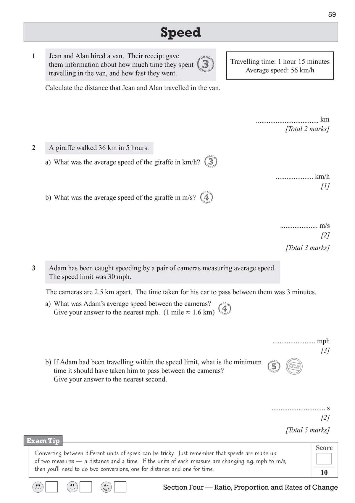 Three word problems on speed, distance and time, with space to write answers and an exam tip on unit conversions