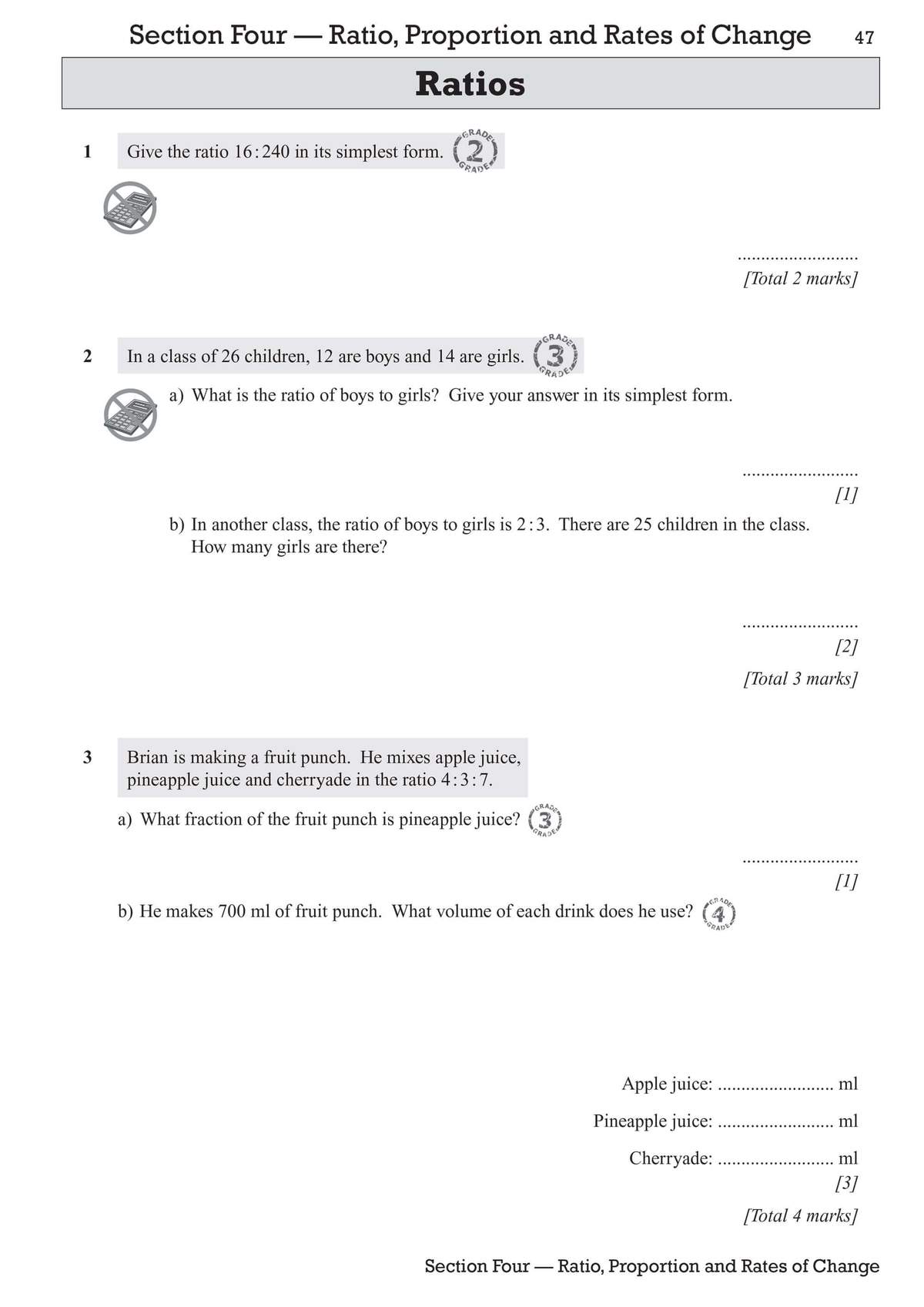 Six ratio questions on simplifying, class demographics and mixing fruit punch, with spaces to write answers
