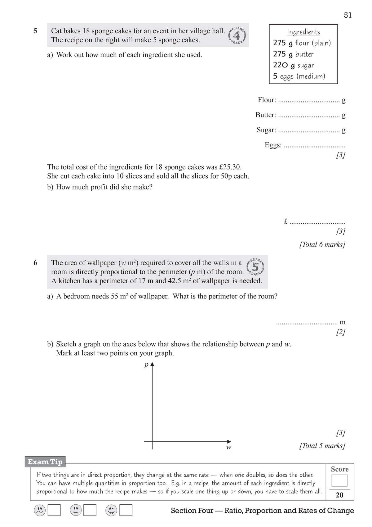 Two word problems on scaling recipes and calculating profit, plus a task to sketch a direct proportion graph