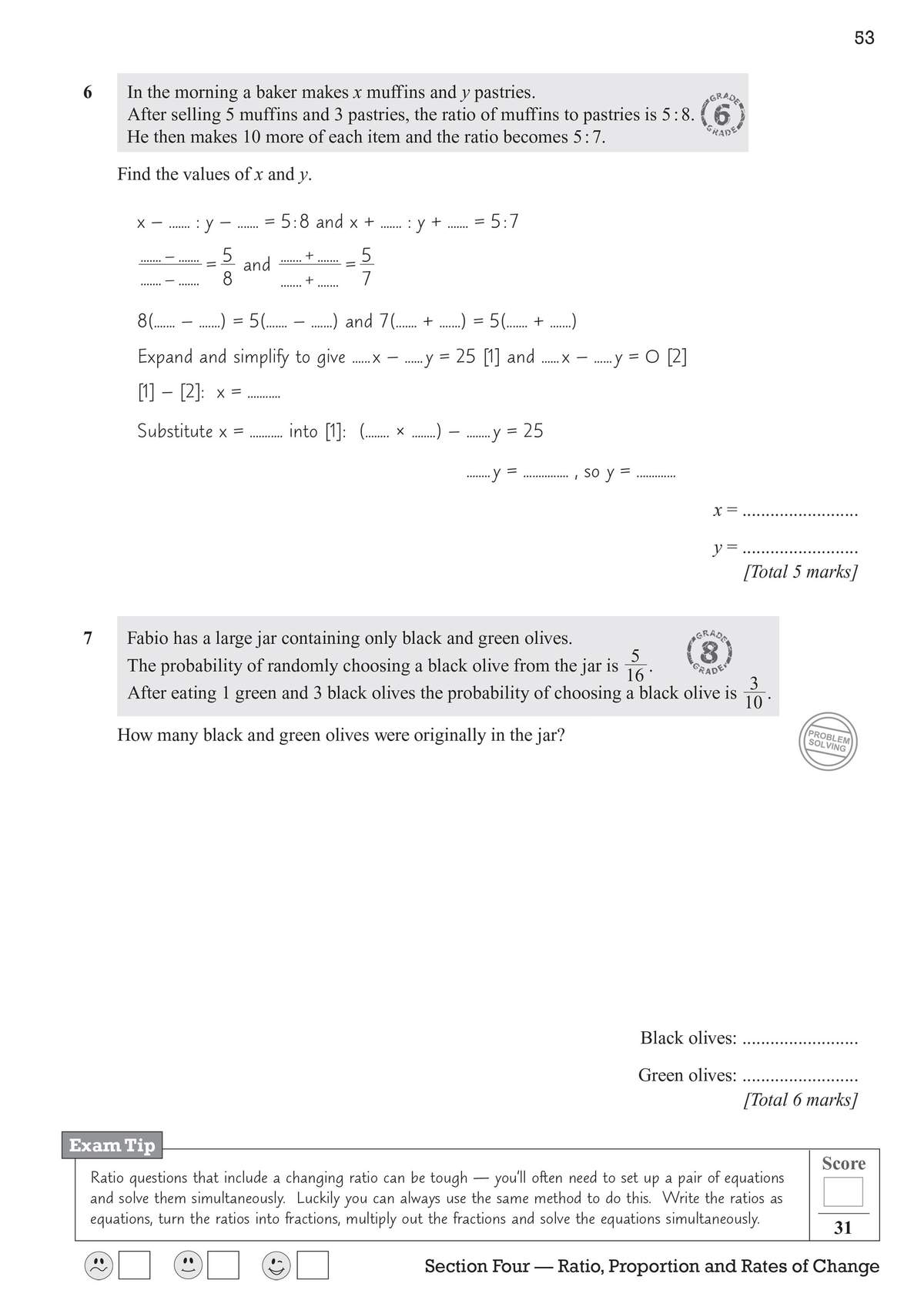 Two GCSE maths questions on ratios and probability, with spaces to fill in steps and final answers