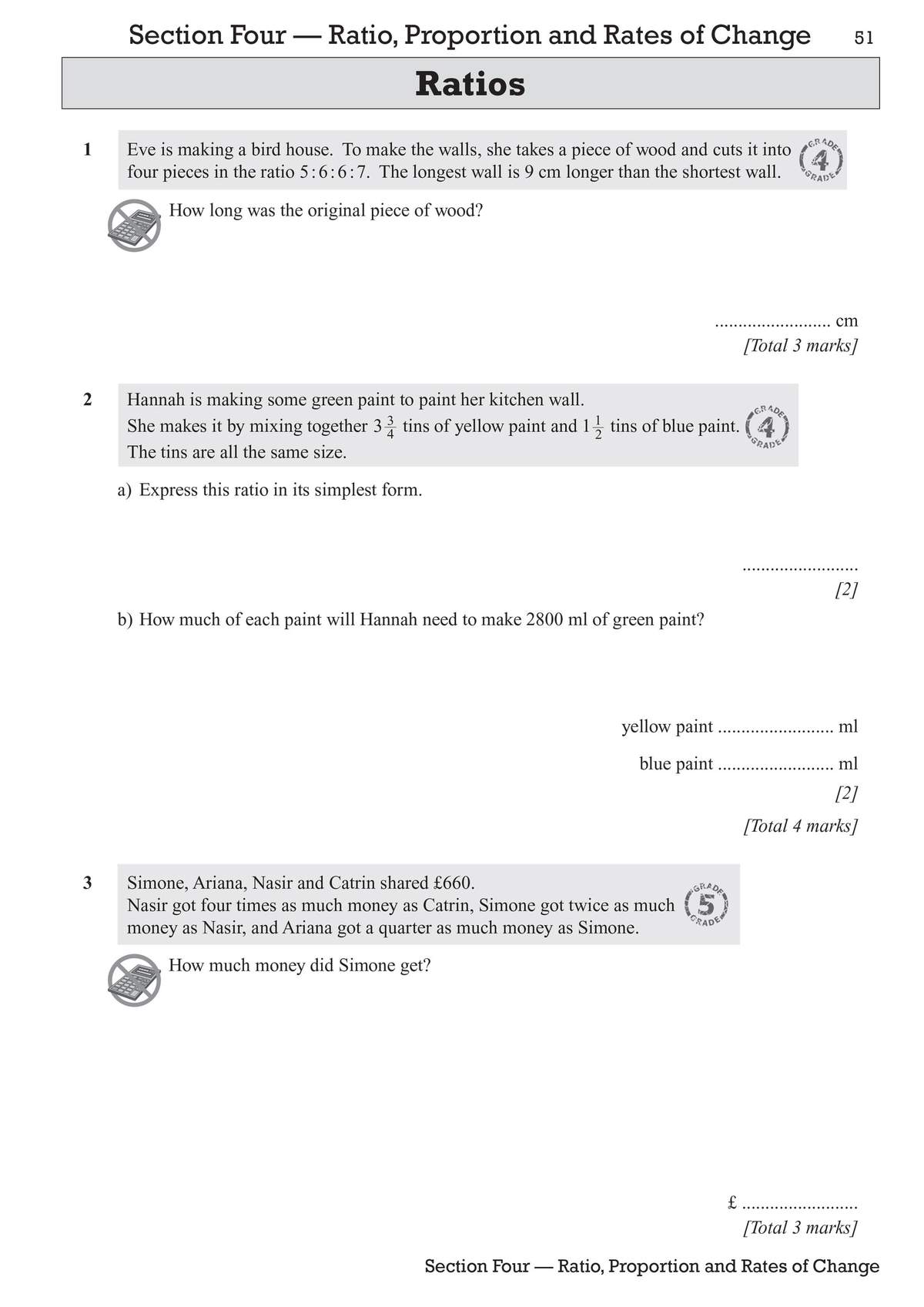 Three word problems on ratios involving wood lengths, paint mixing, and money sharing, with spaces to write answers