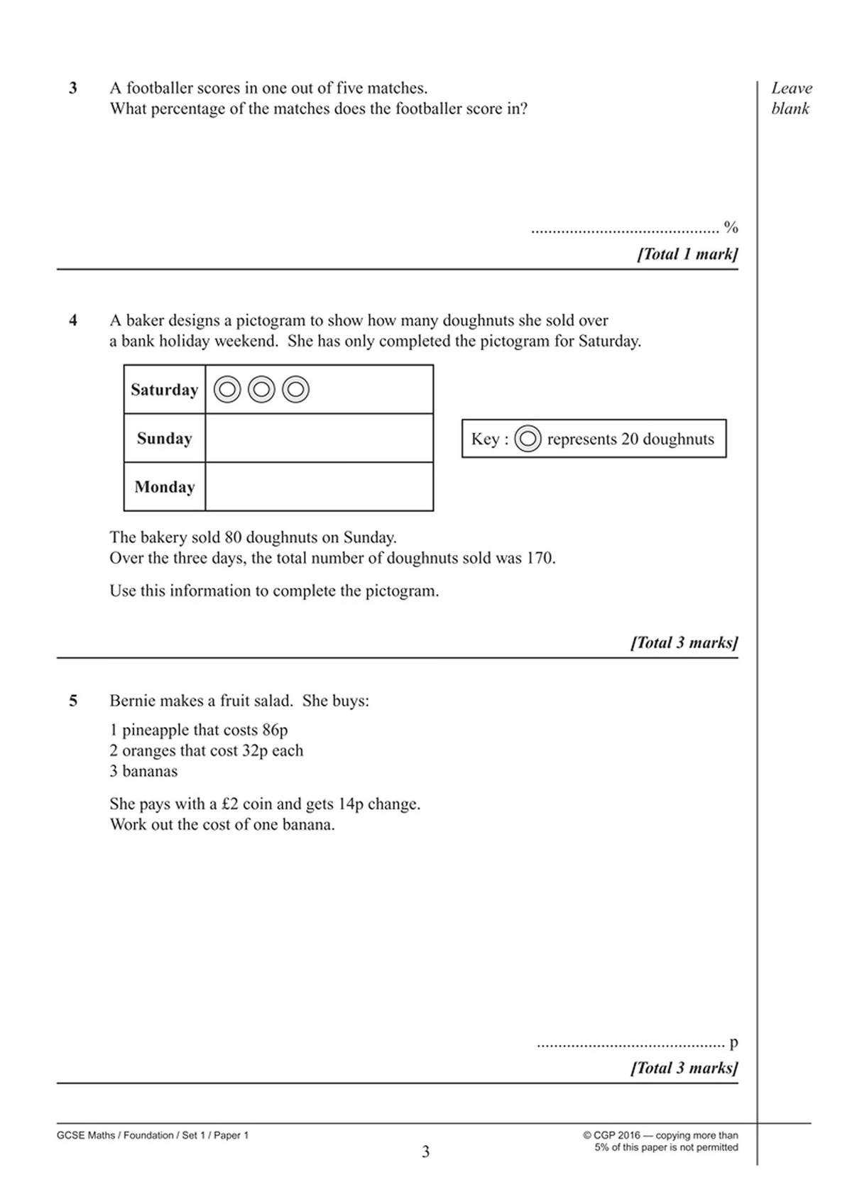 Three maths questions on percentages, pictograms and cost calculations, with space to write answers