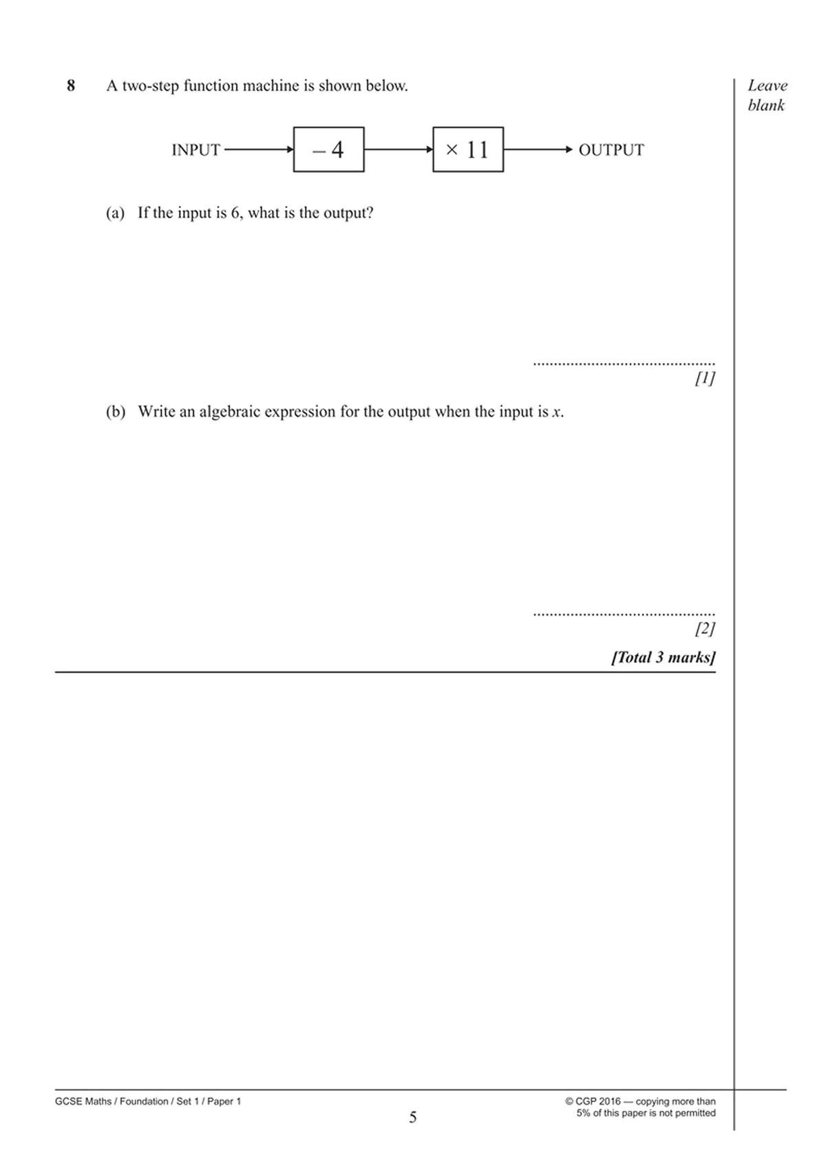 A question on a two-step function machine, asking for the output when the input is 6 and an algebraic expression for input x