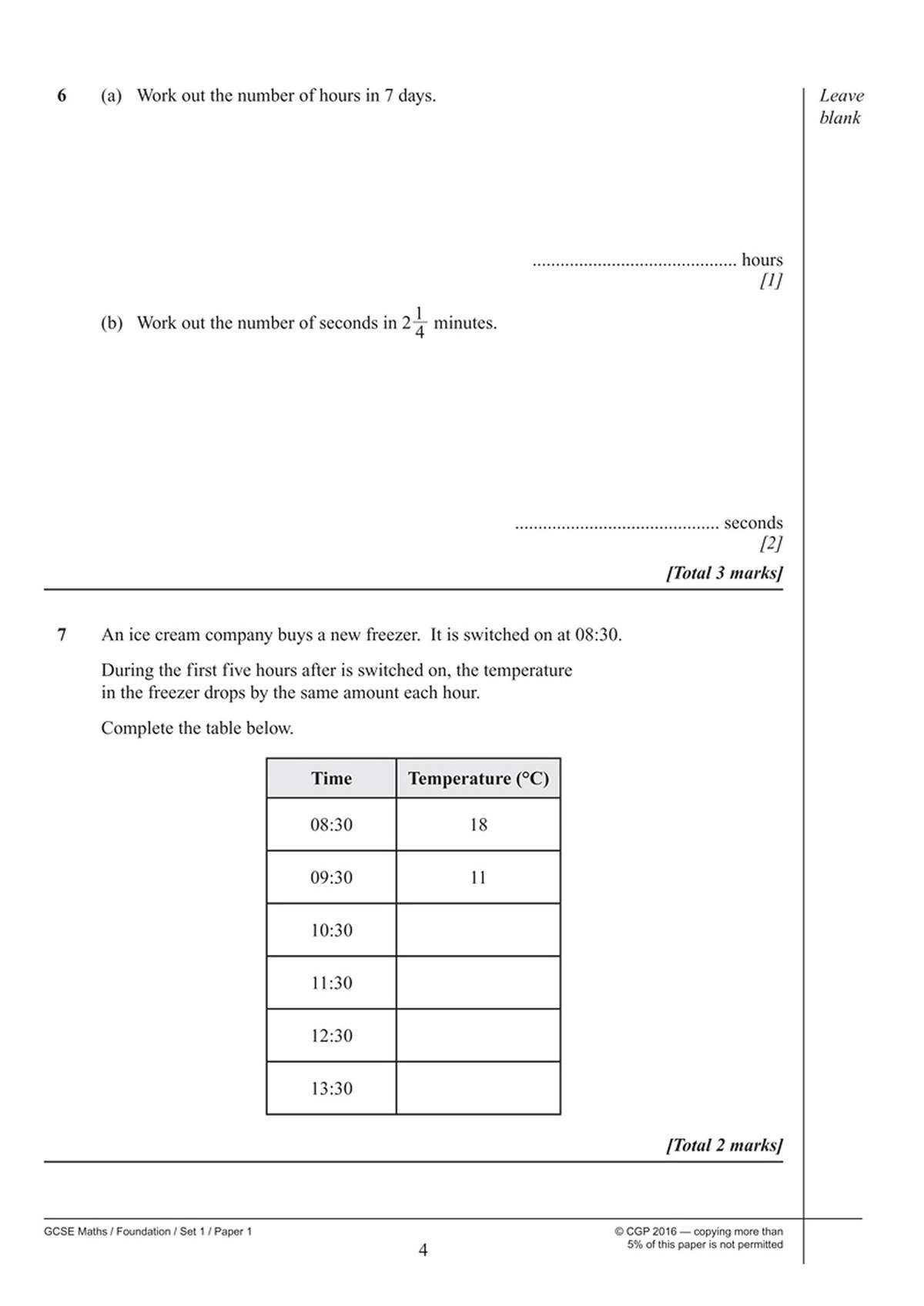 Students calculate time conversions and complete a table showing a linear temperature drop