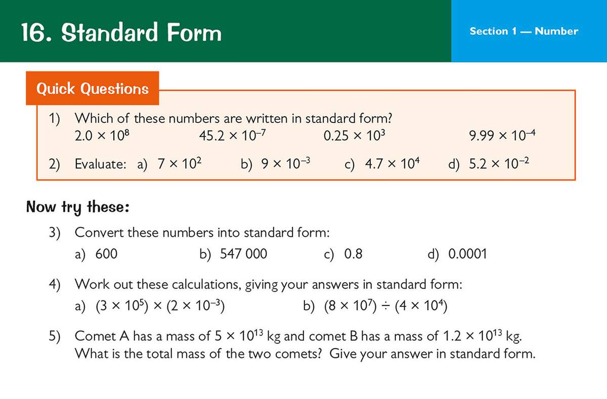 Five questions on standard form, including multiple choice, conversions, and calculations with comets