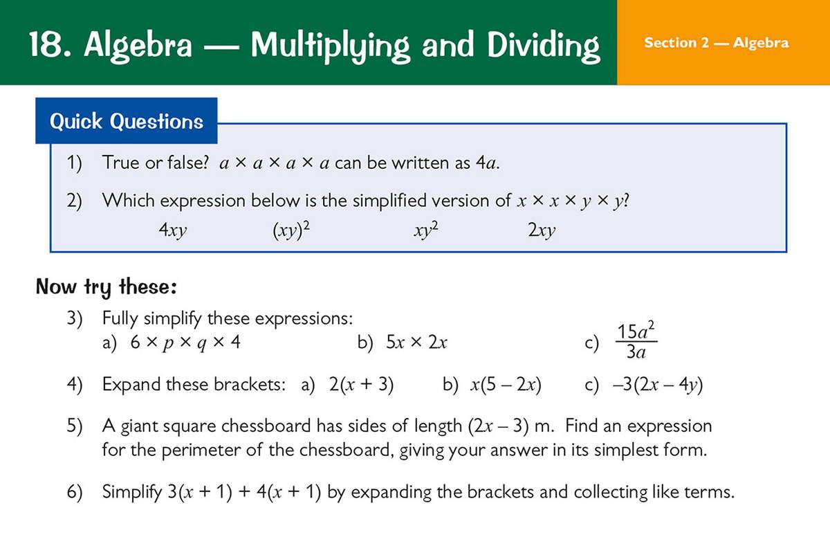Six algebra questions on simplifying expressions, expanding brackets and finding perimeters