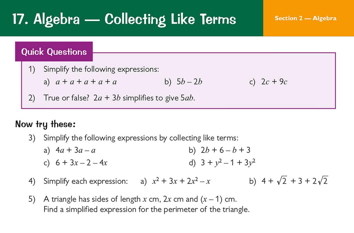 Five algebra questions on collecting like terms, including simplifying expressions and a true or false statement