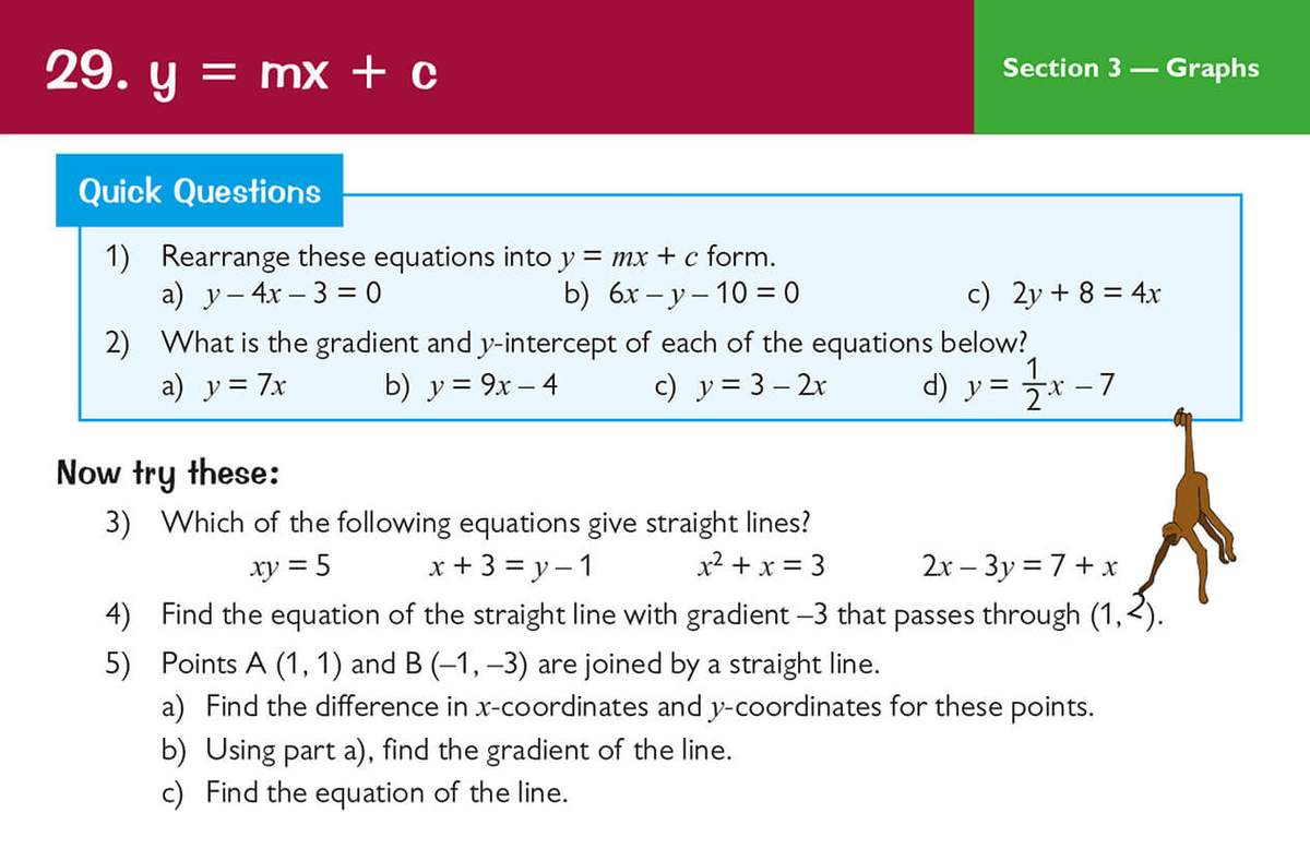 Students rearrange equations into y = mx + c form, find gradients, and calculate equations of lines