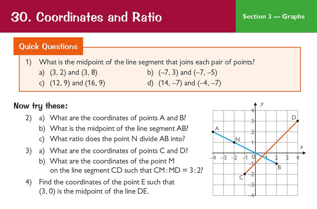 Four questions on coordinates and ratio, including a graph to read points and calculate midpoints and ratios