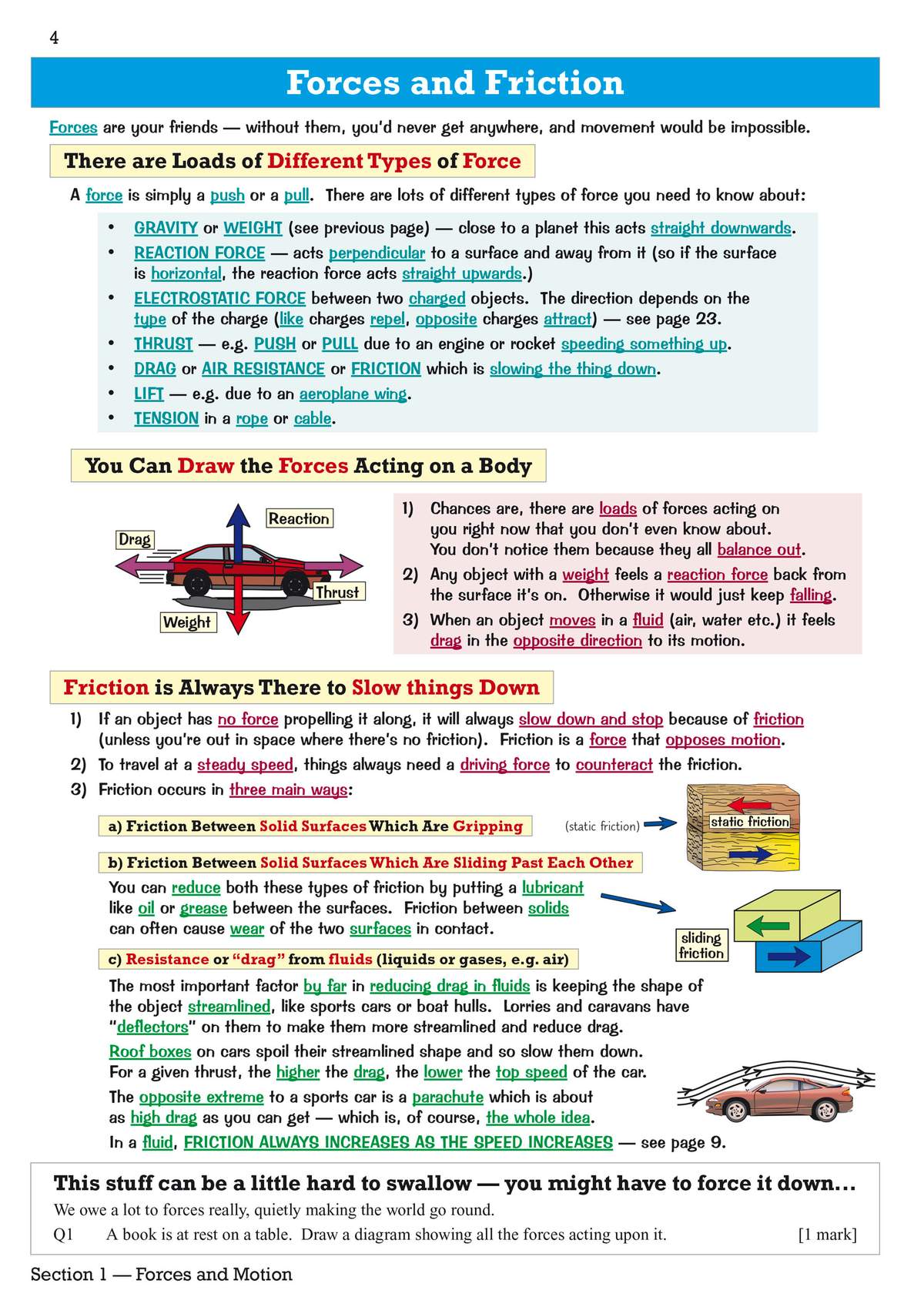 Clear notes on forces and friction, with diagrams of cars and blocks, plus a short question to draw a force diagram