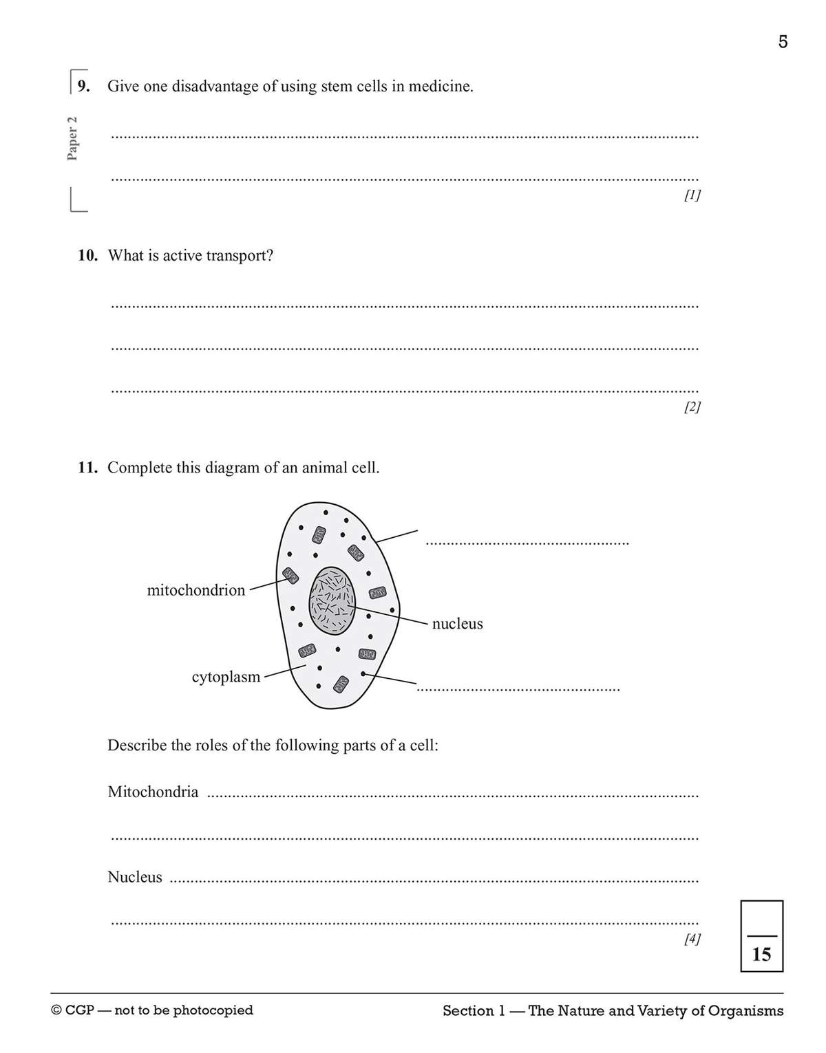 Short written answers on stem cells and active transport, plus a diagram to label and a section to describe cell parts