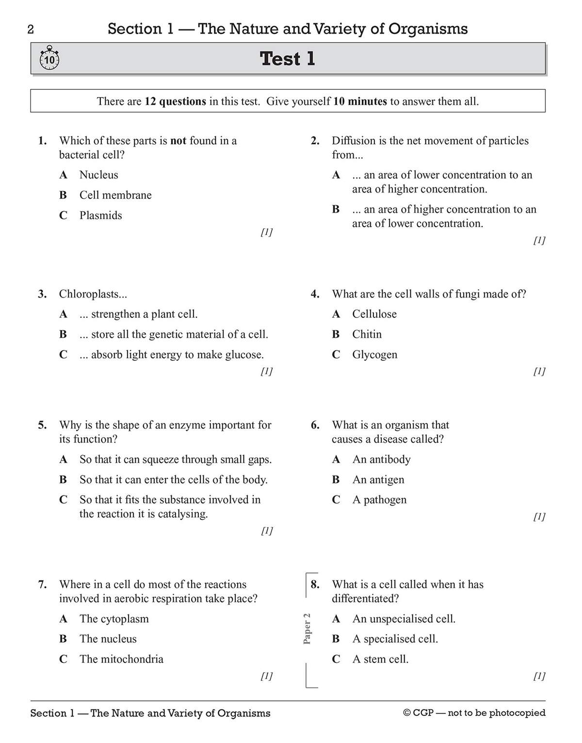 A timed test with 12 multiple choice questions on cells, diffusion and enzymes, designed to build exam speed